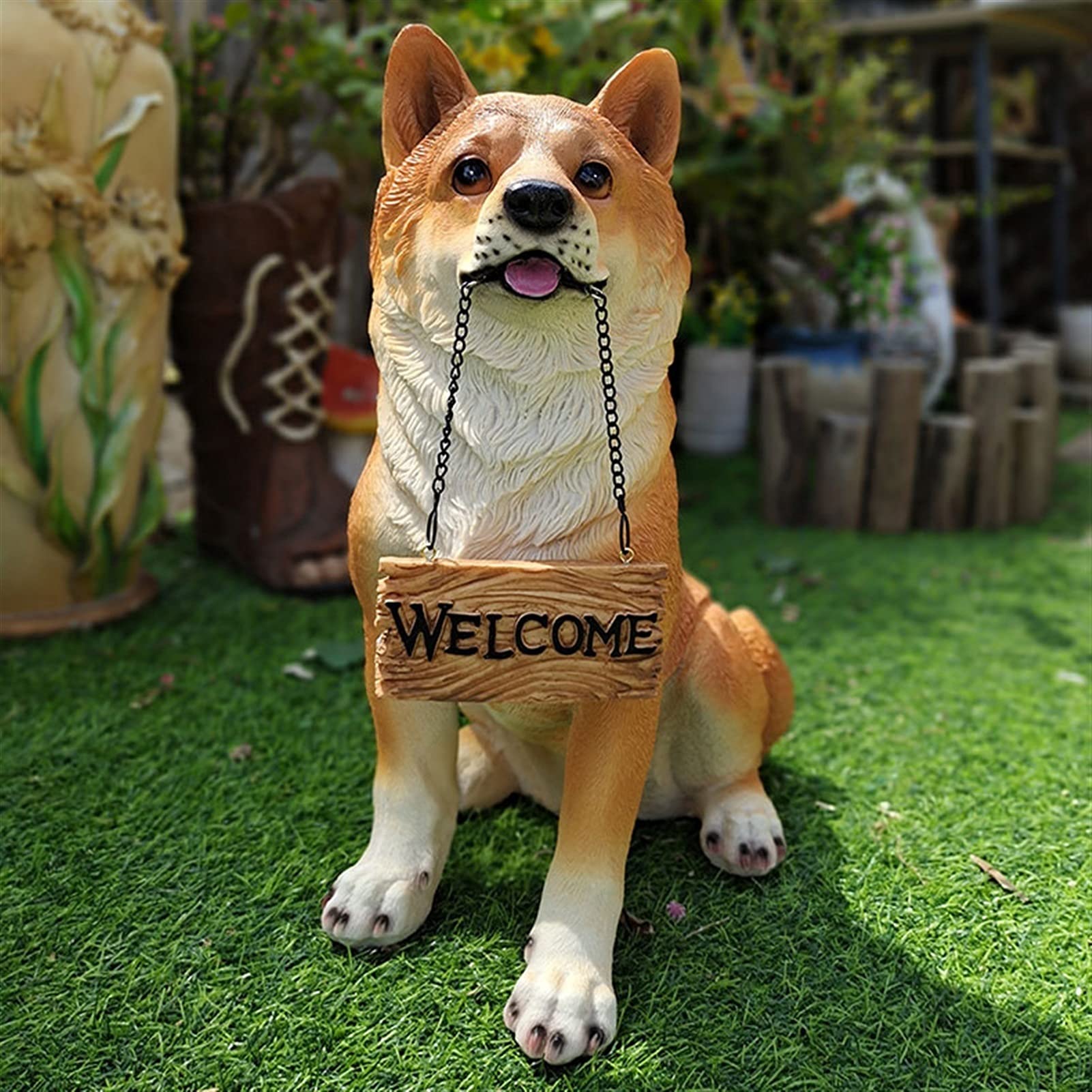 Estatua de Perro Akita Sentado, Figura de Cachorro con Cartel de Bienvenida, Escultura de Animal de jardín, decoración de Bienvenida para Patio de Resina de 17,3" de Alto
