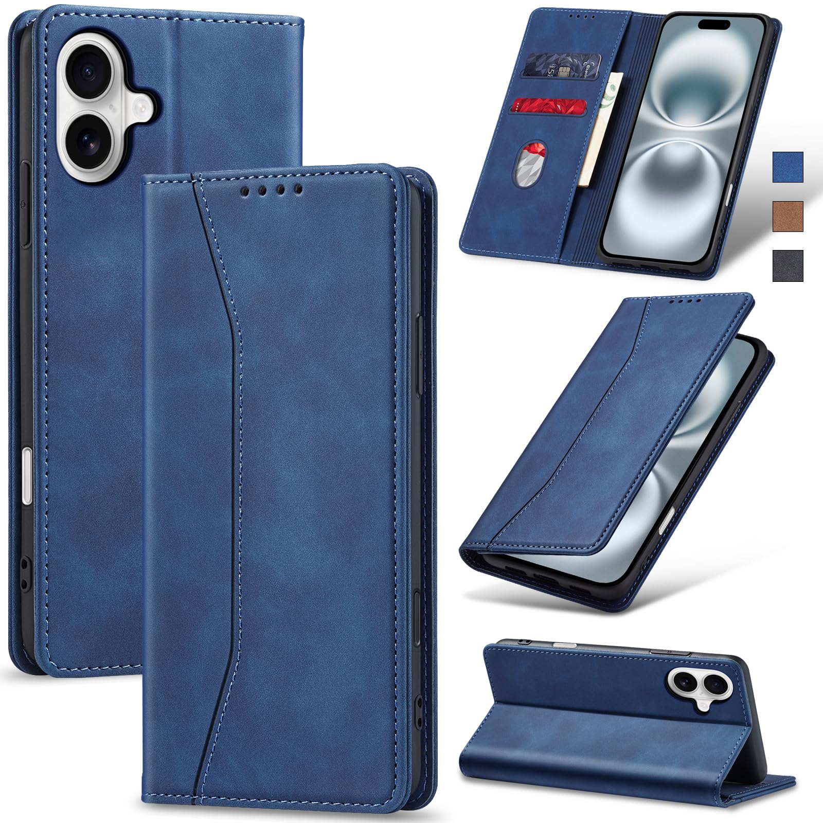 Jasonyu Flip Wallet Case for iPhone 16,Leather Magnetic Folio Cover with Card Holder,Kickstand - TPU Shockproof Durable Protective Phone Case,Blue