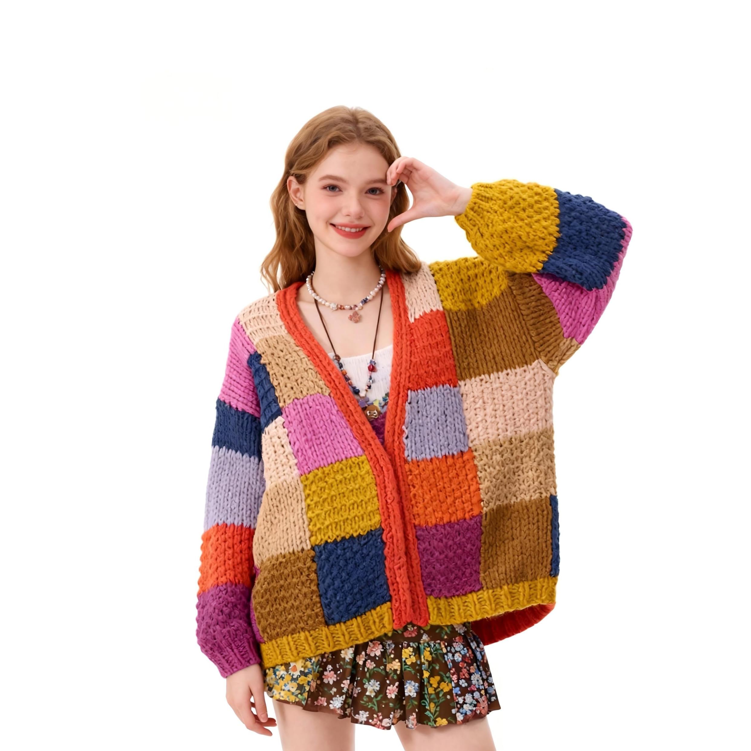 Womens Casual Crochet Patchwork V-Neck Cardigans Sweater Trendy Color Block Cardigan Chunky Cardigan Knit Sweater Jacket