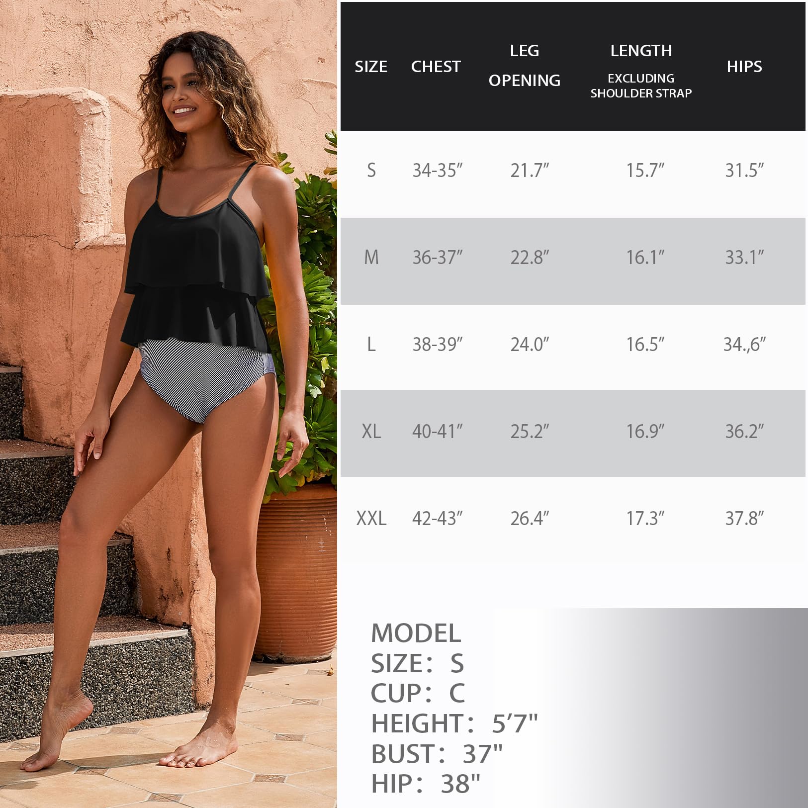 GINKANA Maillot de bain tankini 2 pièces pour femme - Ourlet à volants - Double ourlet à volants