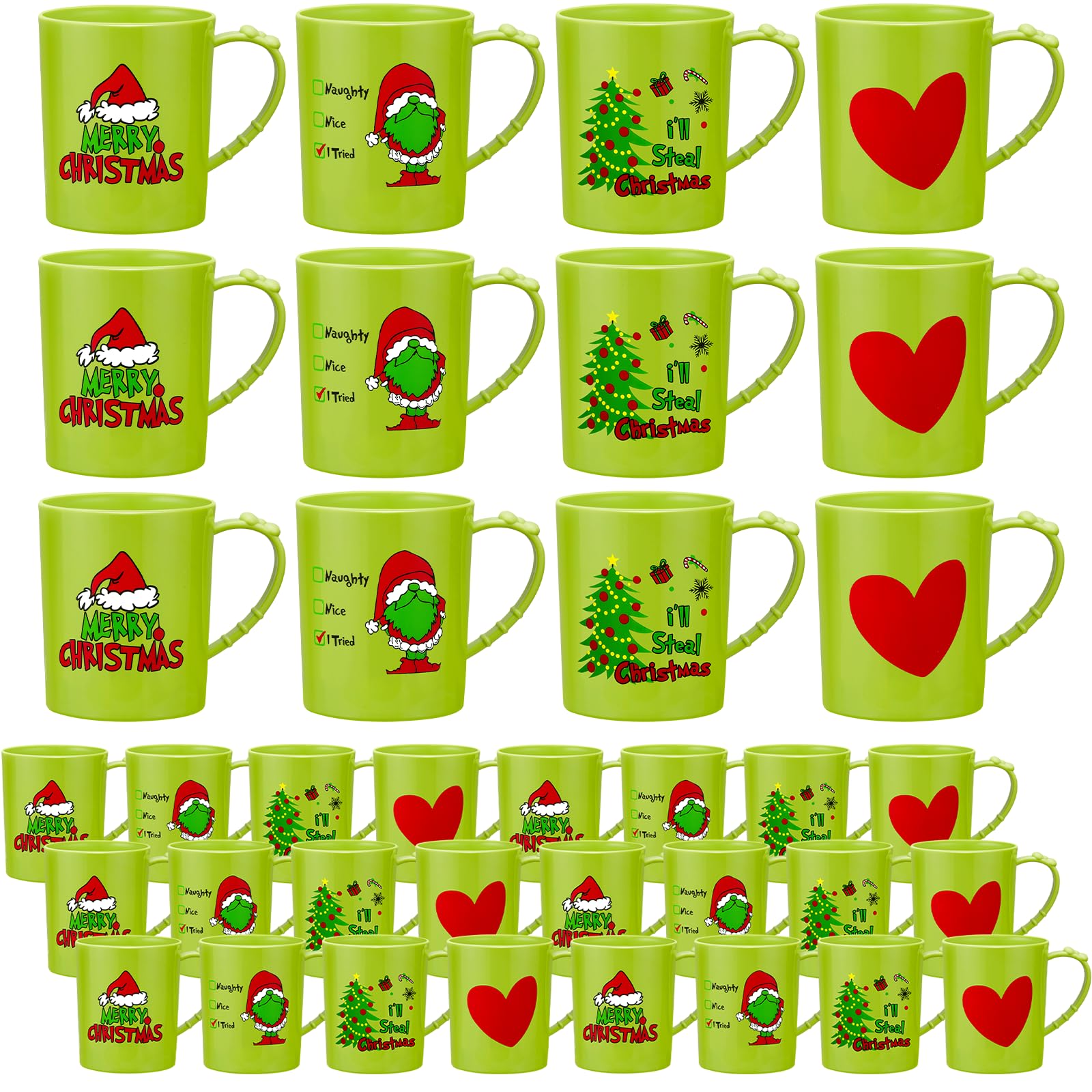 Suclain 36 Pcs Christmas Plastic Mugs Bulk 15 oz Stole Christmas Mugs With Handle Lime Green I
