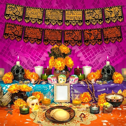 Miniatura 5 de HOWAF 2 cuerdas Dia De Los Muertos Banners Día de los Muertos, Caléndula de Azúcar Caléndula Maravilla Decoraciones Picado Pancartas para decoración