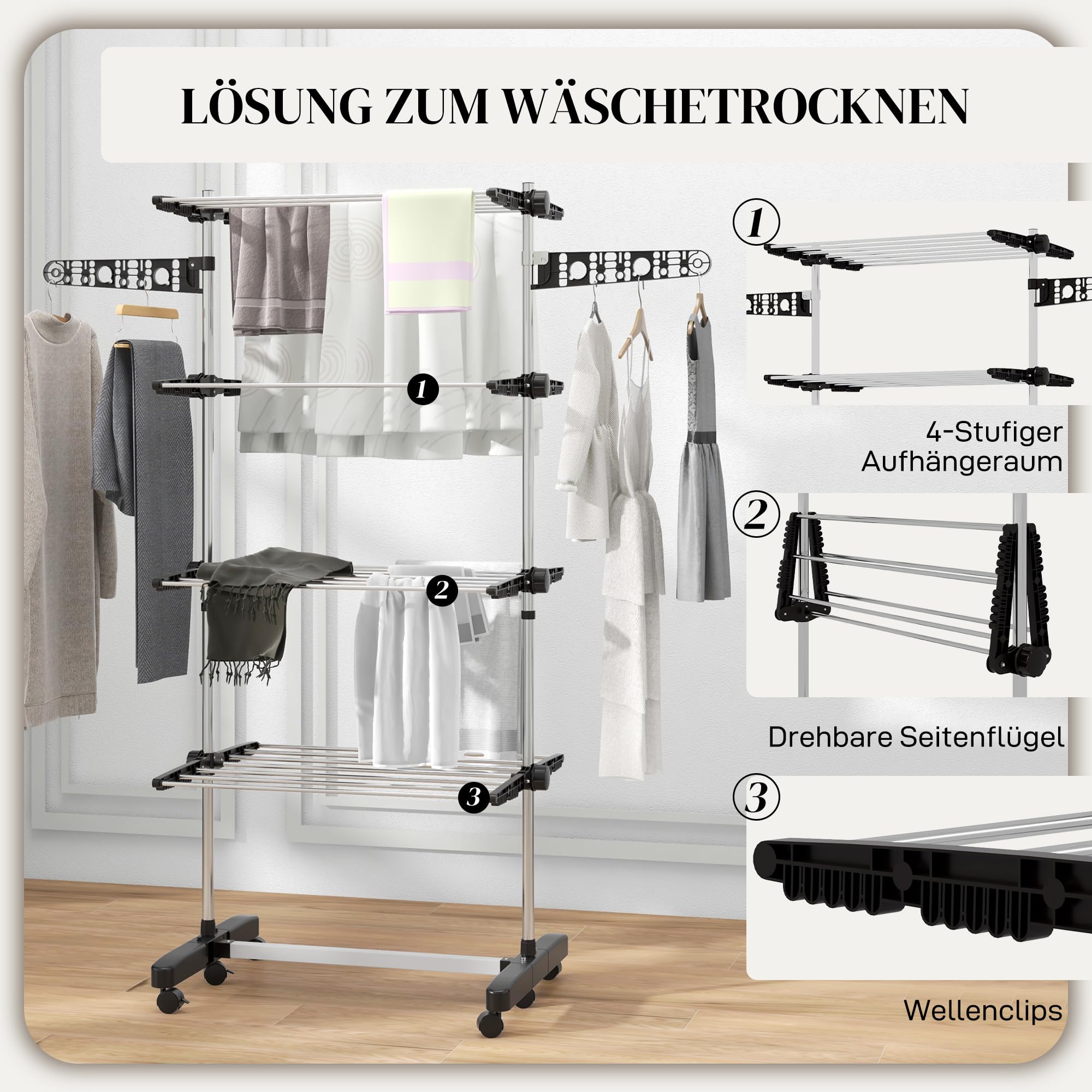 HOMCOM Suszarka wieżowa 4-poziomowa 142x55x172 cm Czarna