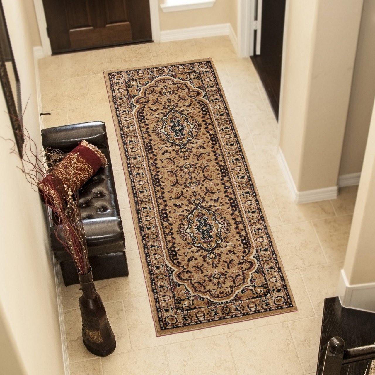 Tapis de couloir anti-bruit et usure vert beige TAPISO Atlas chic