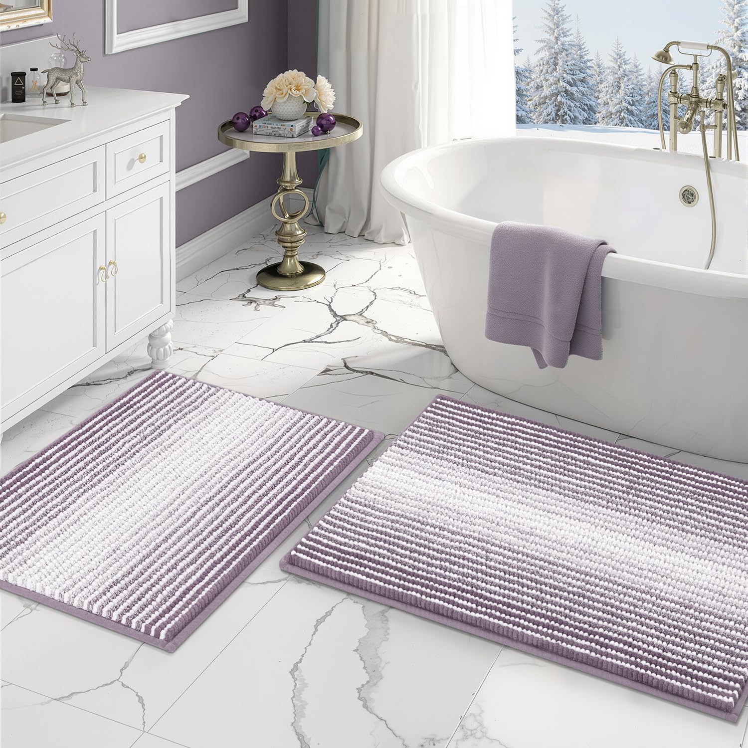 Bathroom Rugs and Mats Sets 2 Piece Thick Absorbent Chenille Bath Mat Rug Set Non Slip Soft Shaggy