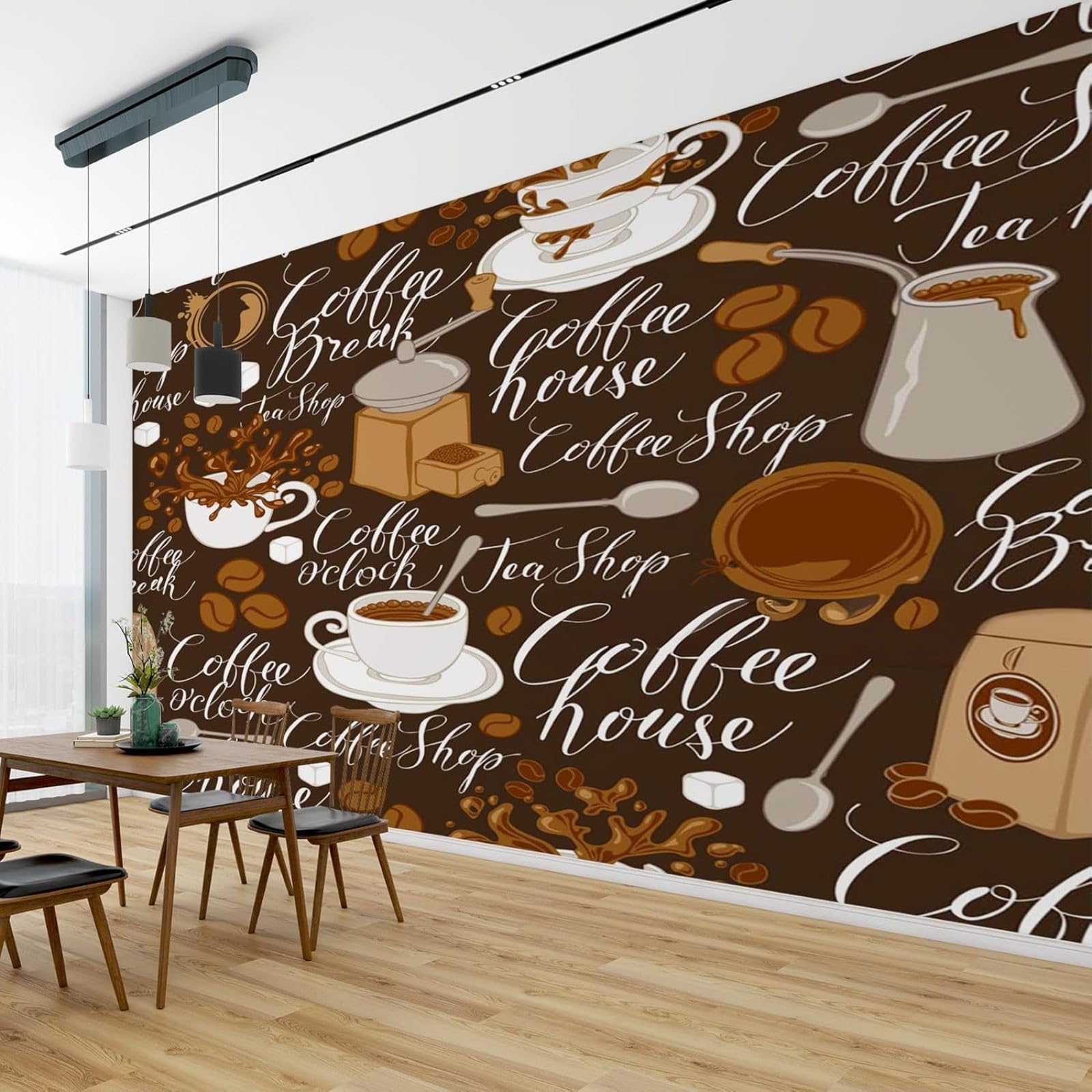 Carta da parati con motivo a tazza di caffè e chicchi di caffè, marrone e bianco, moderna, per soggiorno, camera da letto, bar, cucina, decorazione murale, 400 cm x 280 cm