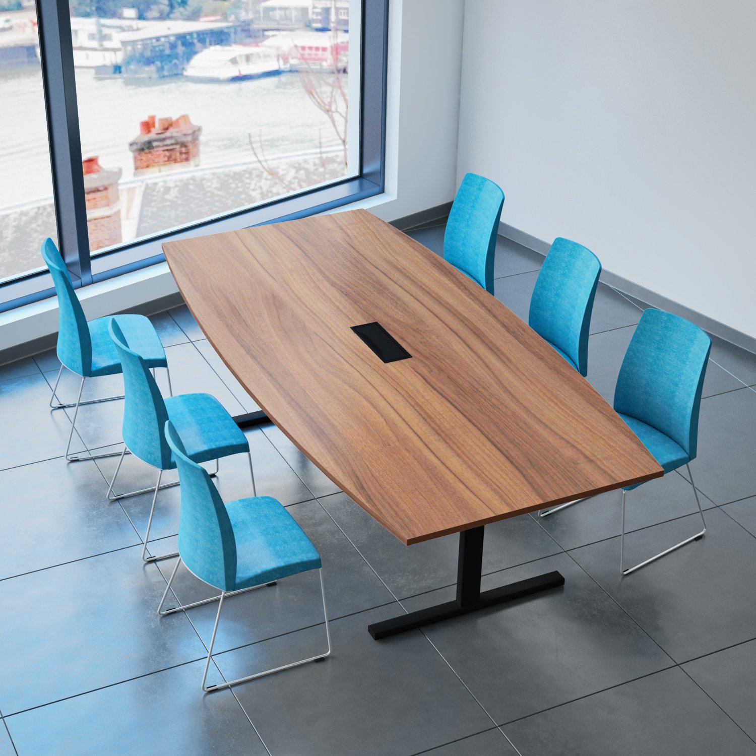 Weber Büro Easy Konferenztisch Bootsform 240 x 120 cm Nussbaum mit Elektrifizierung Besprechungstisch Tisch, Gestellfarbe:Schwarz