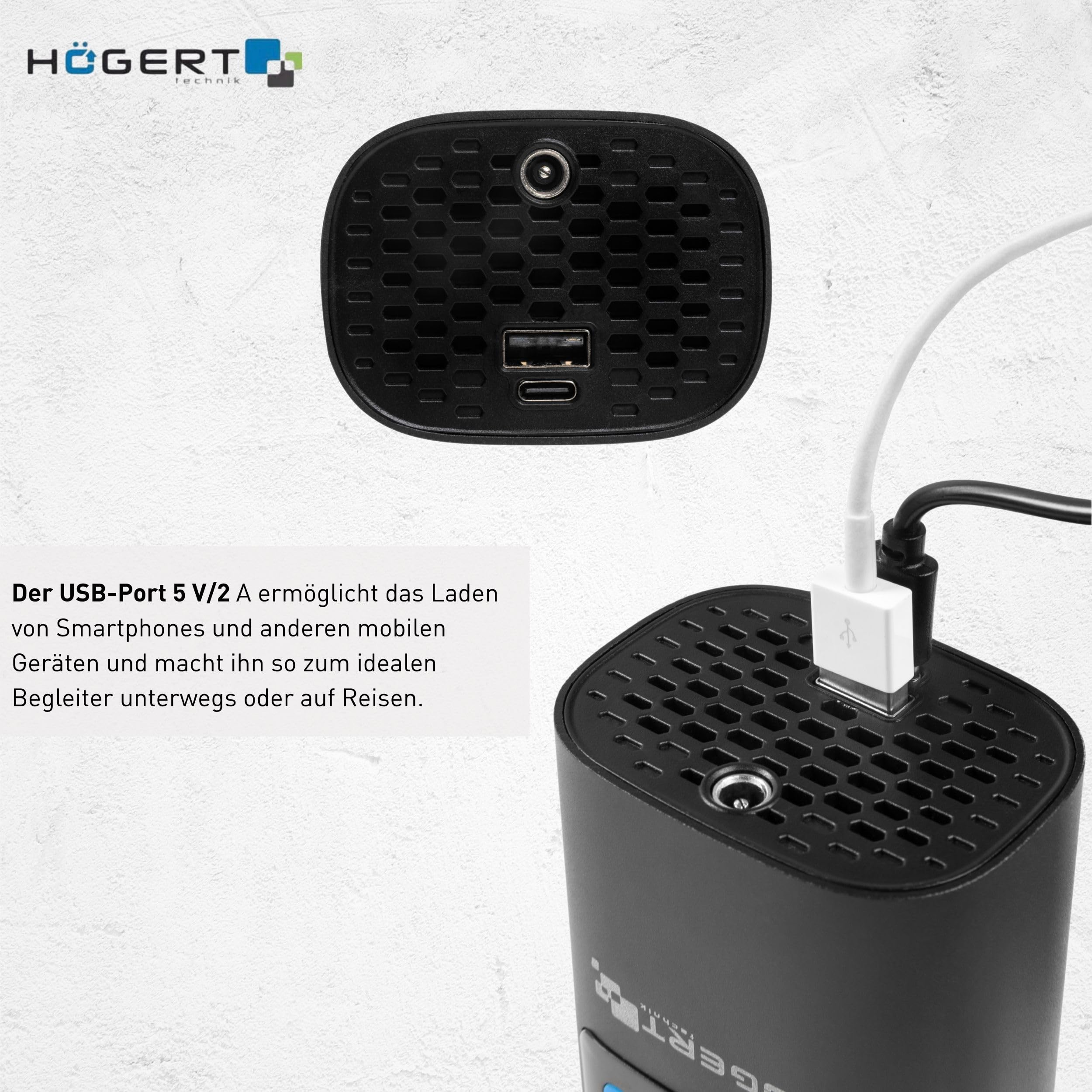 HÖGERT TECHNIK Tragbare Akku Elektrische Luftpumpe 145PSI 3in1, Mini Kompressor mit Powerbank & LED Licht, Mobiler Luftkompressor Fahrradpumpe Auto Motorrad Ball Matratze, USB-C Ladegerät