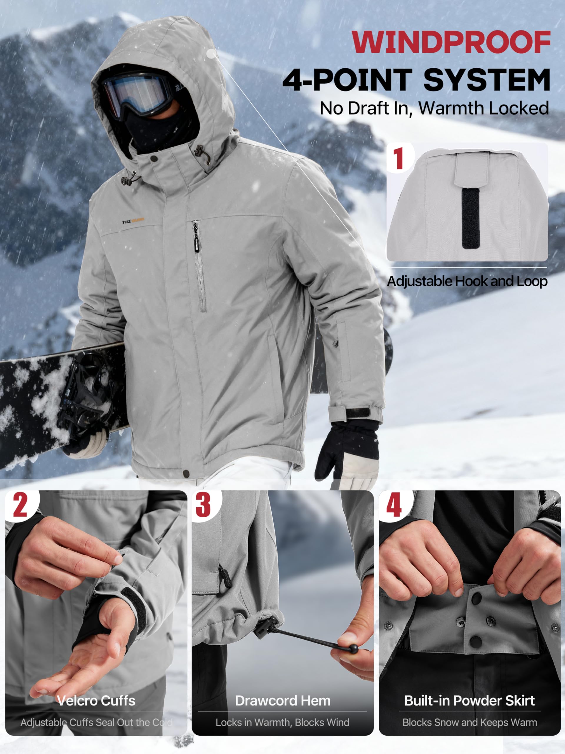 FREE SOLDIER Giacca da sci da neve impermeabile da uomo, foderata in pile, calda giacca invernale con cappuccio, cuciture completamente nastrate (grigio chiaro, M)