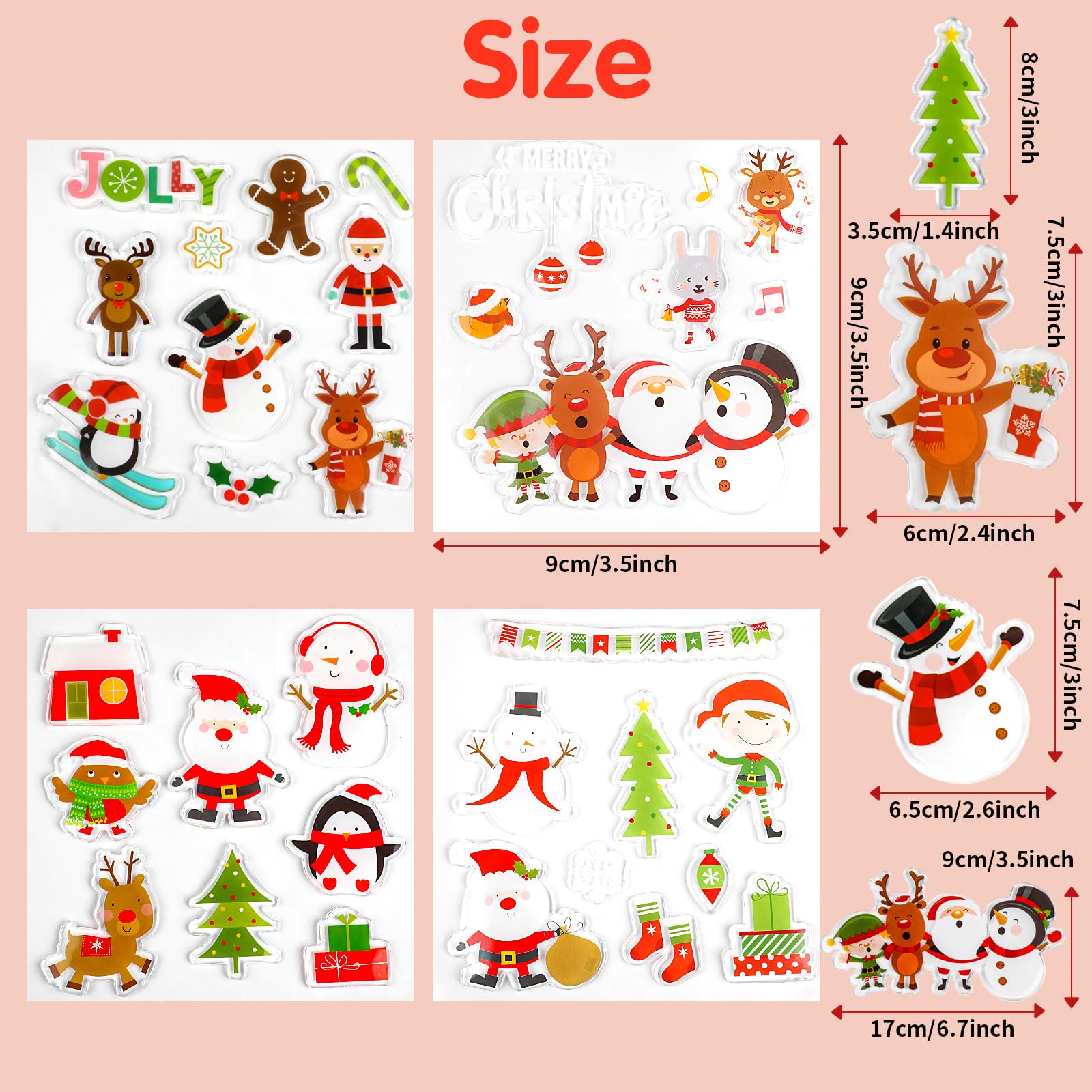 FOIMAS 34pcs Christmas Thick Gel Clings,Xmas Tree Santa Claus Snowman Elk Window Gel Sticker Decal for Kids Christmas Classroom Nursery Christmas Home Decoration