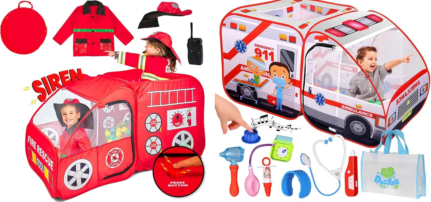 Kiddey Fire Truck & Ambulance Play Tent Bundle with Realistic Sounds, Costumes & Doctor Kit - Pop-Up Emergency Vehicle Playhouses for Kids - Indoor & Outdoor Fun Pretend Play for Toddlers, Boys & Girl