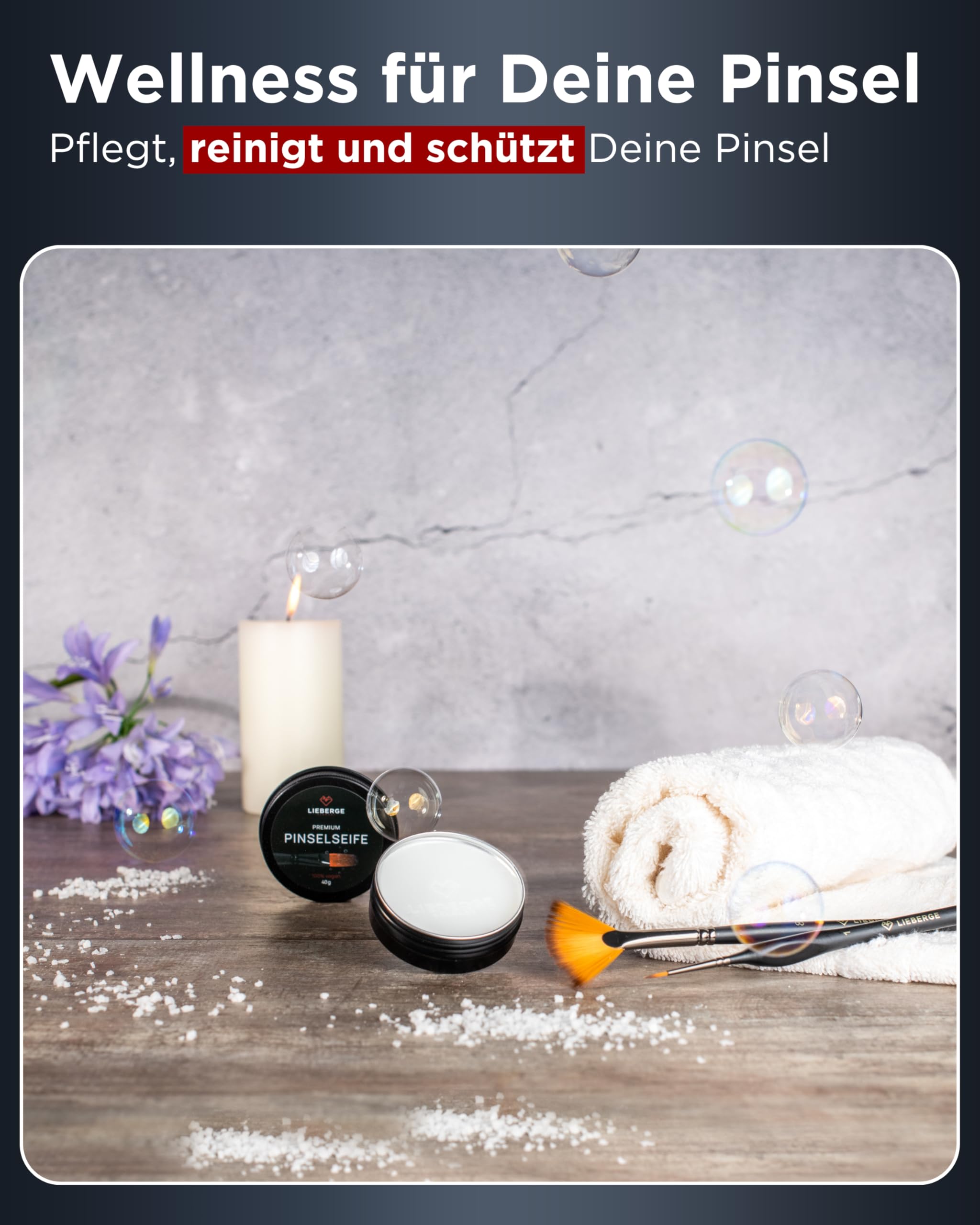 LIEBERGE Premium Pinselset Allround : Pinselset Acrylfarben, Aquarellpinsel (12 Pinsel) + Detailpinsel (10 Pinsel) + Pinselseife (40g | inkl. Reinigungsmatte)