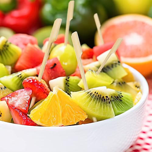 Miniatura 7 de Pinchos de bambú de 4.7 pulgadas, 100 palillos de dientes para aperitivos de alimentos, palillos de madera de bambú anchos y planos para cócteles