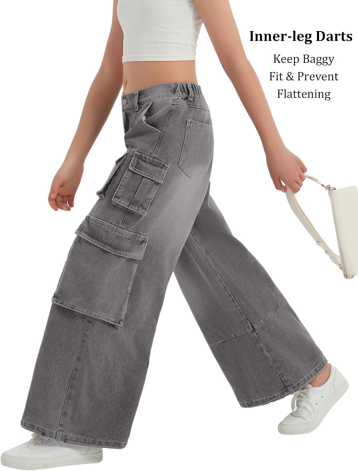 EXARUS Girls Baggy Jeans Cargo Wide Leg Pants Denim Teen Pockets School