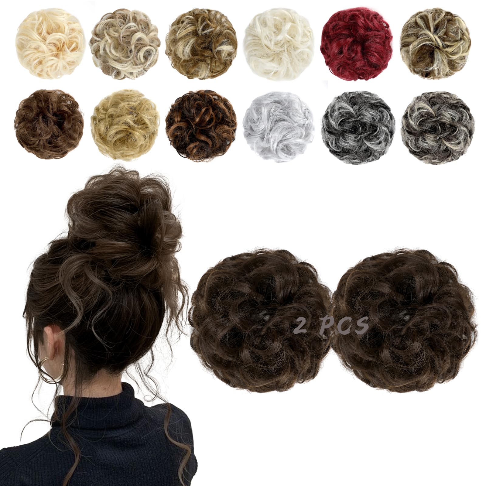 FeidyLong 2 PCS Messy Bun Hair Piece Wavy Curly Hair Bun Scrunchies Extensions Synthetic Chignon Thick Updo Hairpieces for Women Girls(Medium Brown)