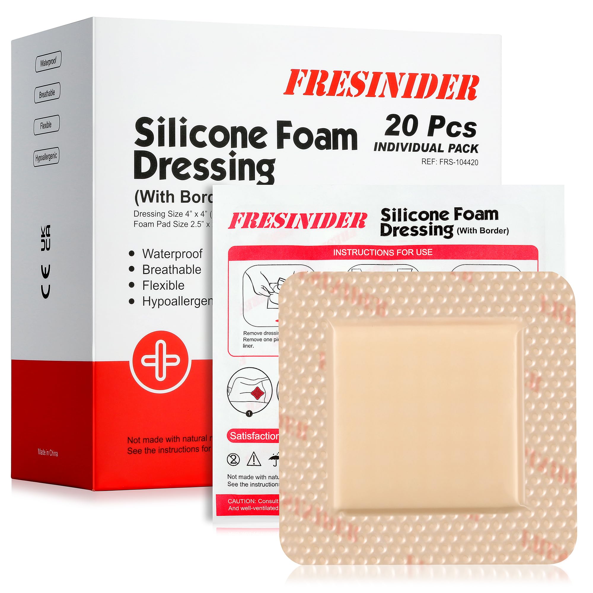 FRESINIDER Silicone Foam Dressing with Adhesive Border – Wound Dressing Bandage – Silicone Foam Pad – Pack of 20 – 4 x 4 Inches Large Waterproof