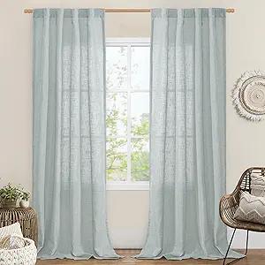 LAMIT Greyish Blue Linen Boho Curtains 84 inch Length 2 Panels, Light Filtering Semi Sheer Panels Back Tab and Rod Pocket Neutral Drapes for Bedroom/Living Room, 34 x 84 Inch