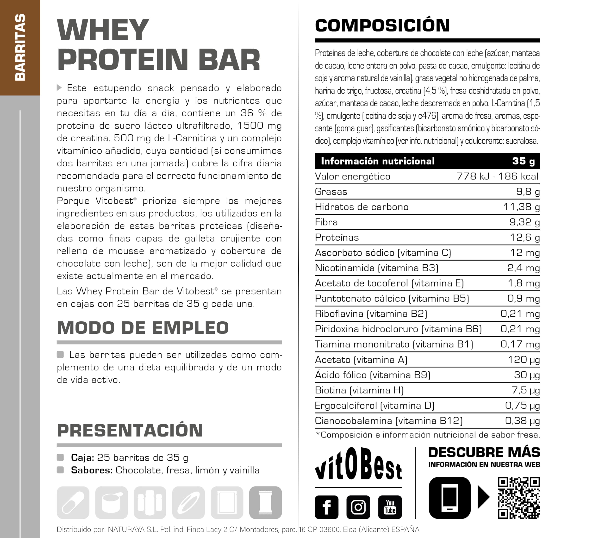 VITOBEST | Barritas Whey Protein Bar | Contribuye a aumentar y conservar la masa muscular | Relleno de mousse aromatizado y cobertura de chocolate con leche | Sabor Chocolate - 25 barritas x (35 g)