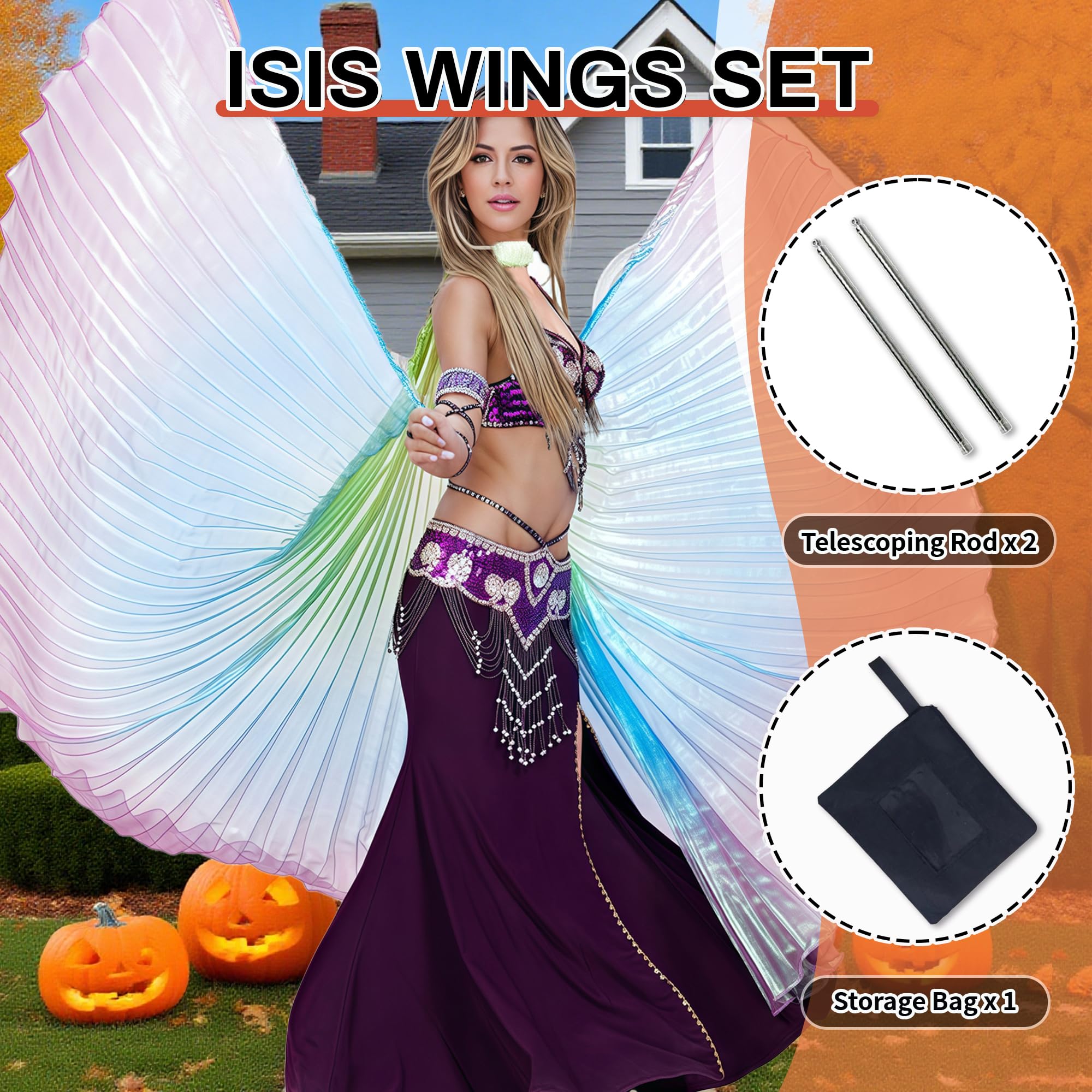 Baisdan Gradient Isis Wings Set including Stick & Carrying Bag for Belly Dance Halloween & Carnival Costumes Green Blue Purple - Image 3