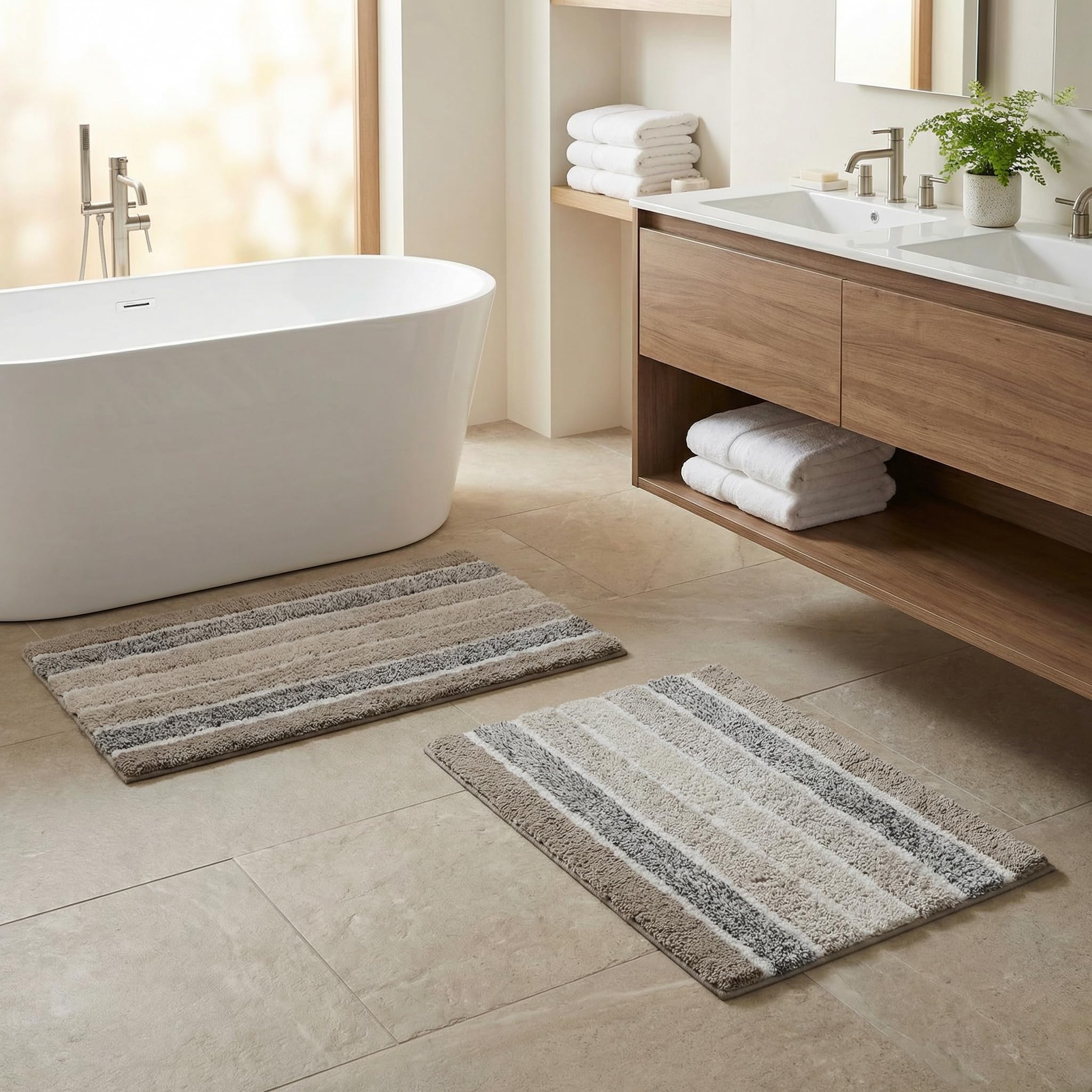 Cotton Alpine Stripe Bathmat Rug Set of 2, 21x32/17x24 Inches - Light Grey, Non Slip Quick Dry Soft Durable Bath Rugs Ideal for Bathroom, Kitchen,