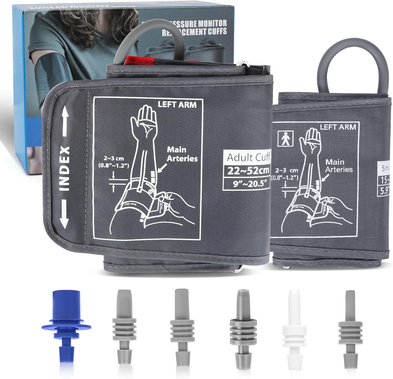 Full-Size Blood Pressure Replacement Cuffs – 5.9-9.5 & 9-21 Inches, Fit Small Medium Large XL XLarge Extra Large Big Arms, 6 Sizes of Connectors Compatible with Omron or Other Brands (Cuffs Only) Full-Size Blood Pressure Replacement Cuffs – 5.9-9.5 & 9-21 Inches, Fit Small Medium Large XL XLarge Extra Large Big Arms, 6 Sizes of Connectors Compatible with Omron or Other Brands (Cuffs Only)