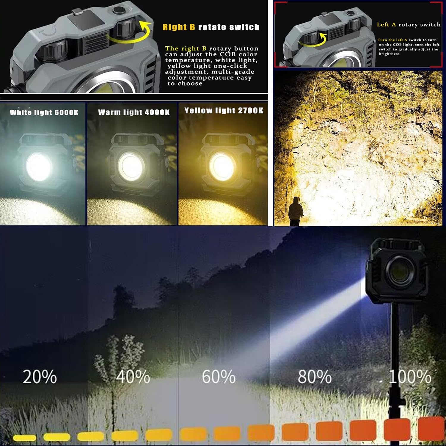 COB Work Light Rechargeable Magnetic Work Lights 1500LM with Stepless Dimming Flashlights Waterproof 360°Foldable COB Flood Light for Camping, Fishing, Car Repair, Hiking,Garage,Job Site Lighting - Image 2