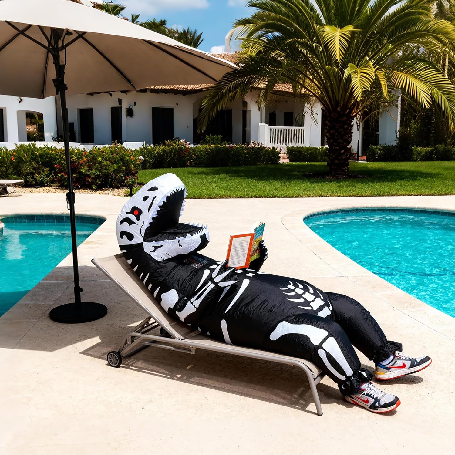 ZPISF Inflatable Skeleton Dinosaur Costume for Adults, Full Body Skeleton T-Rex Blow Up Costume with LED Light Eyes, Perfect for Halloween Parties