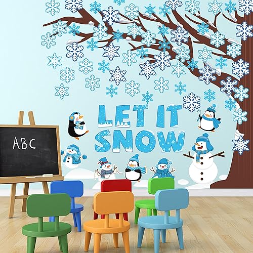 Miniatura 6 de 94 piezas de decoración de tablero de anuncios de árbol de aula, copo de nieve de invierno, Let it Snow, decoración de aula, copo de nieve, muñeco