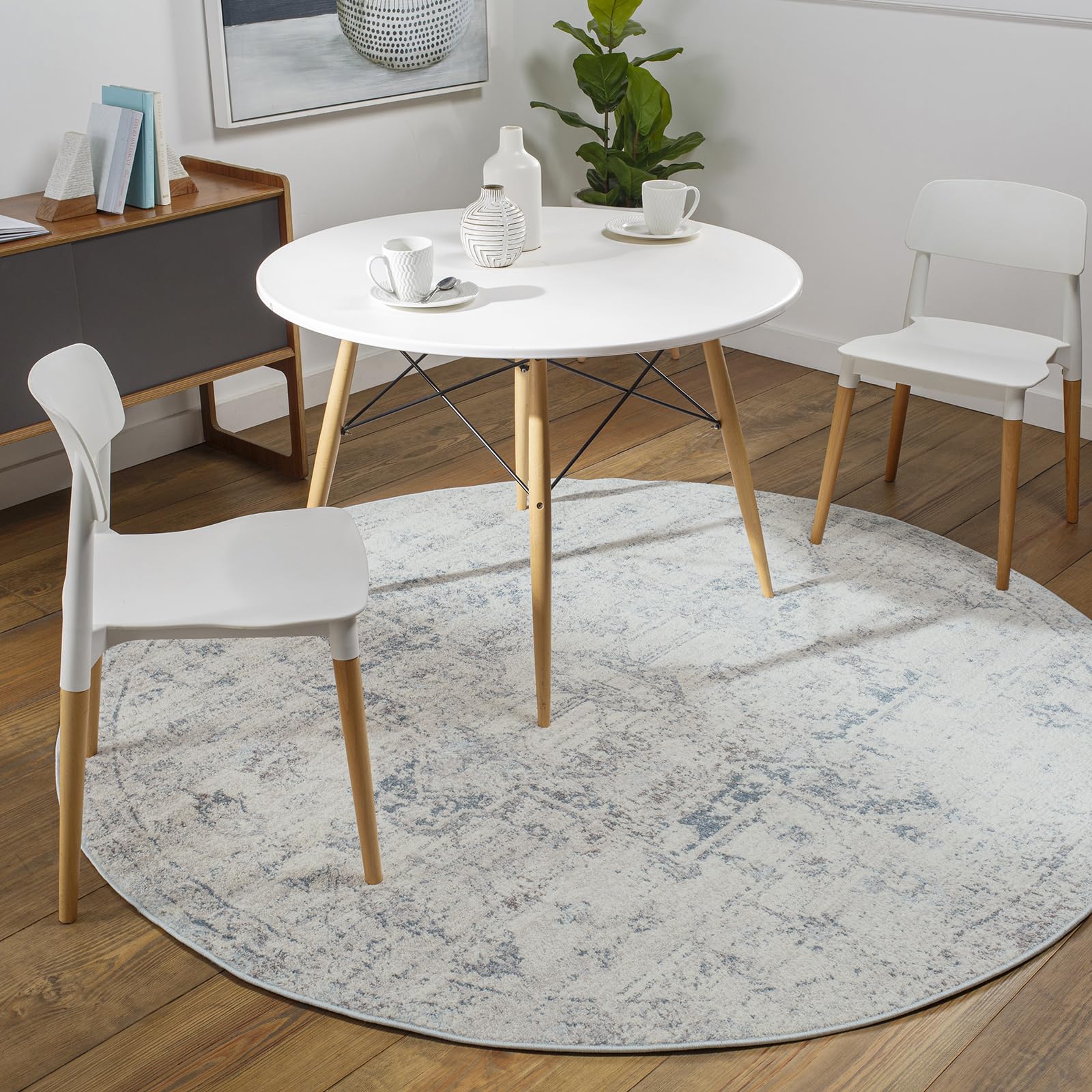 Livabliss Lya Tampa Vintage Round Carpet 160 cm, Living Room & Bedroom, Scandi Neutral, Traditional Boho Pattern, Easy Care, Blue Cream