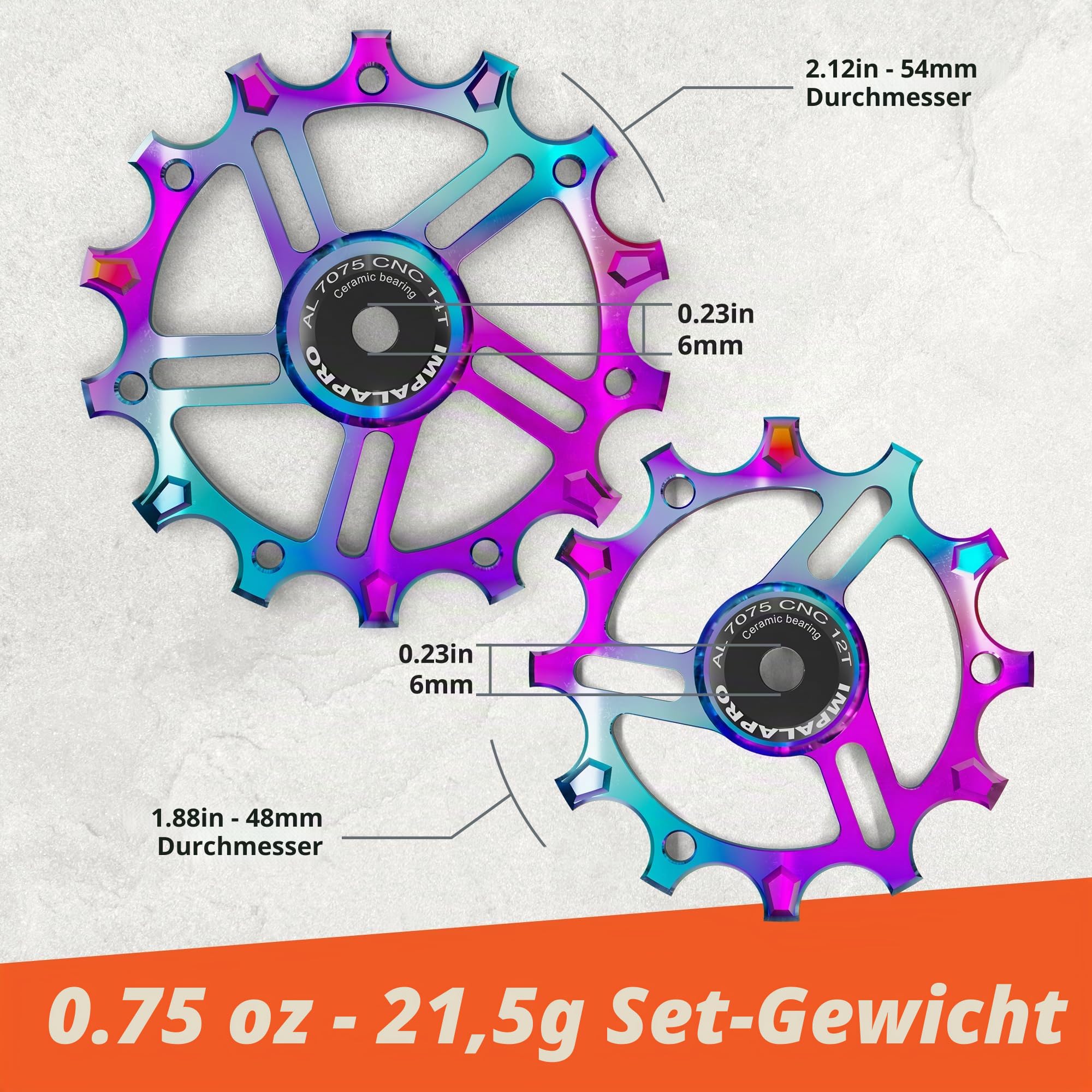 IMPALAPRO – Schaltröllchen Keramiklager 12T/14T aus CNC 7075 Aluminium - Schaltwerk Rollen kompatibel mit Schaltrollen Shimano 9–12-Fach und Schrauben 4/5/6 mm