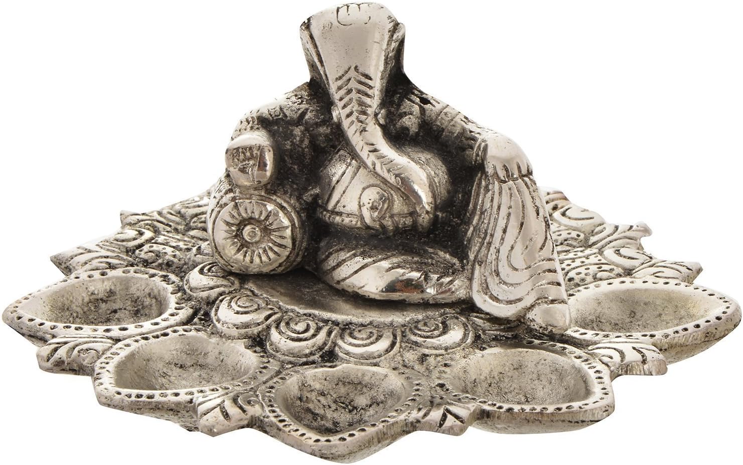 Purpledip White Metal Pooja Thali with 5 Diyas and Ganpati Statue, Indian gift ideas (10177)