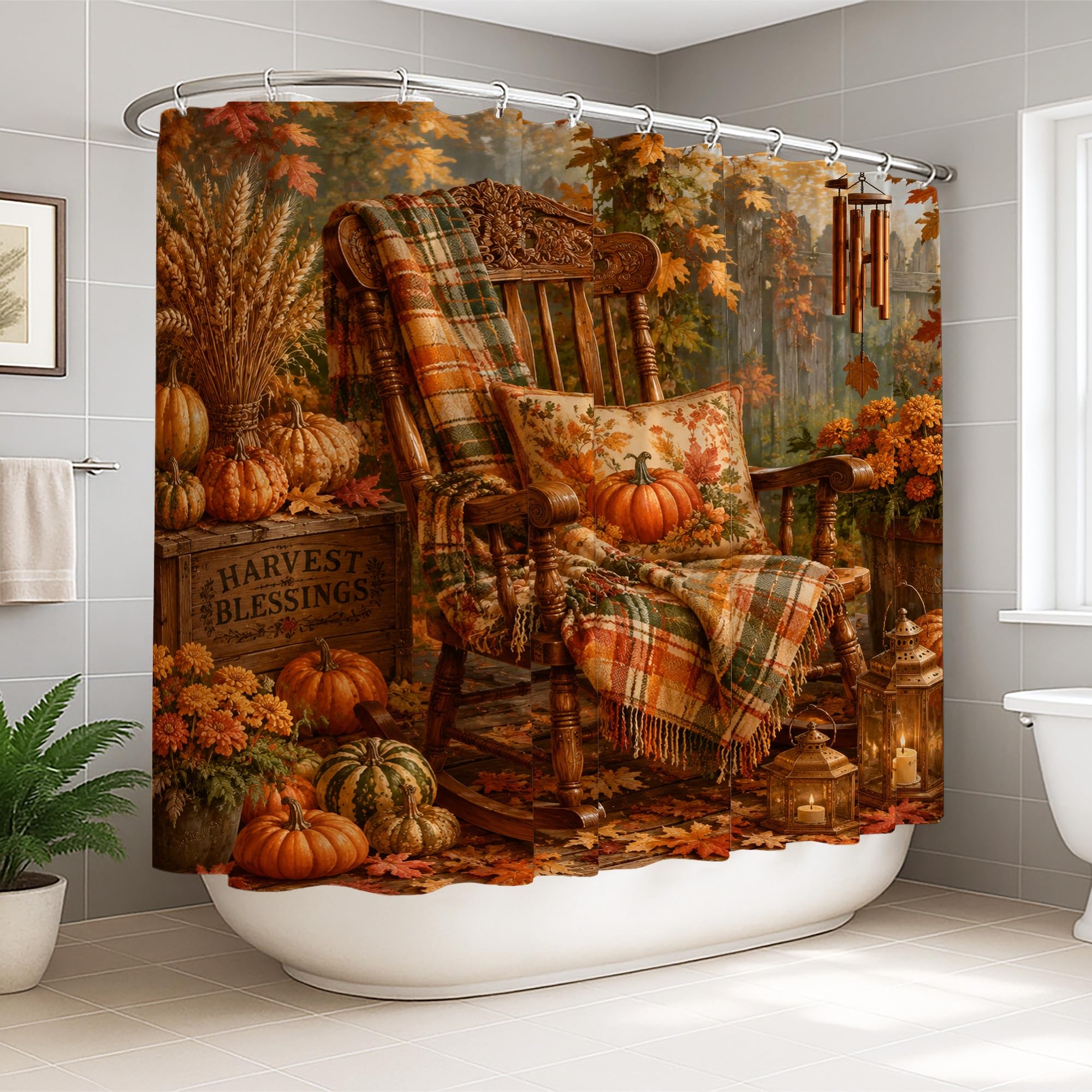 Rideau de douche extra large 274x183 cm en tissu imperméable citrouilles d'automne