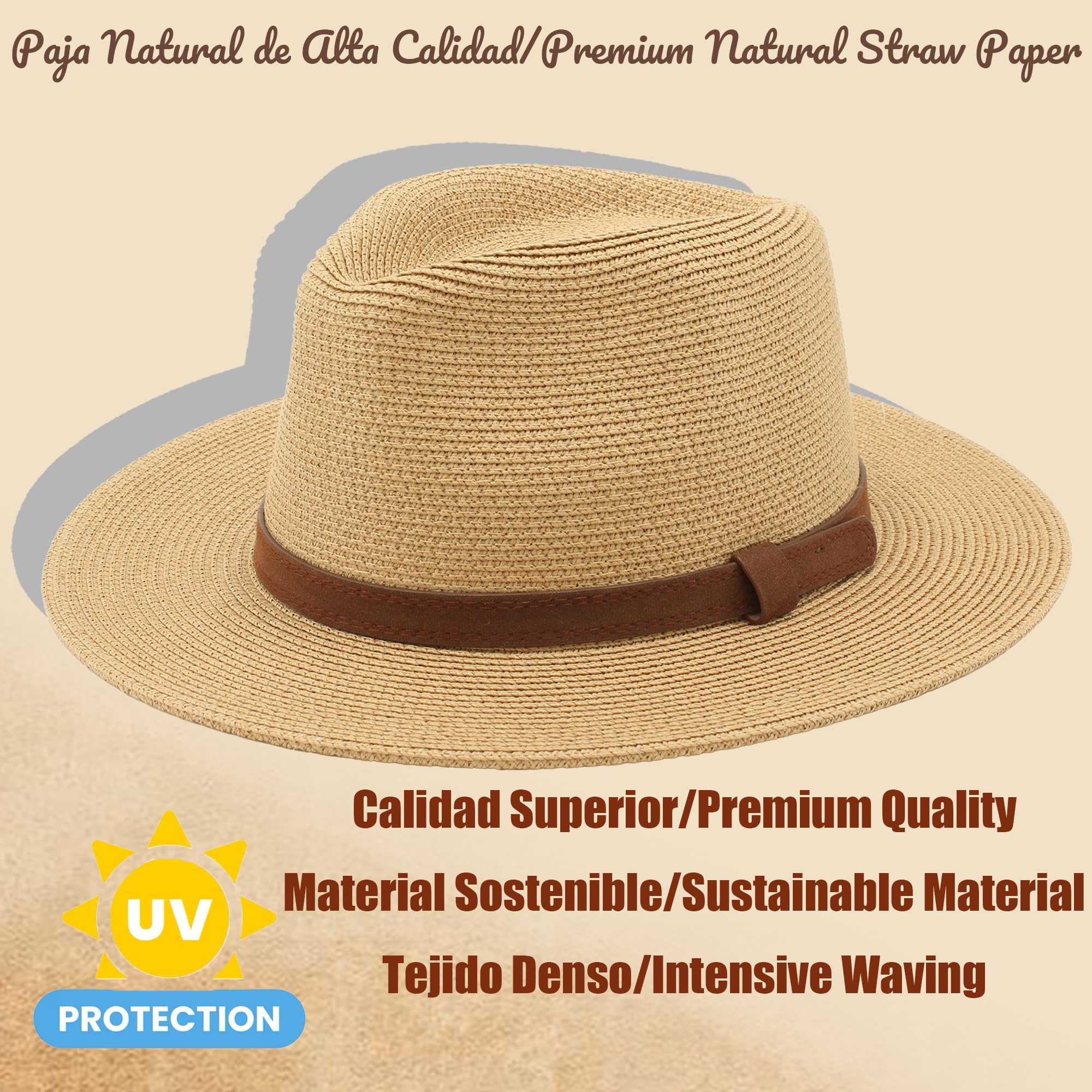 Chapeau Panama d'été, chapeau en paille Panama pour femme et homme, unisexe, chapeau à large bord UPF 50, pliable et tressé intensif