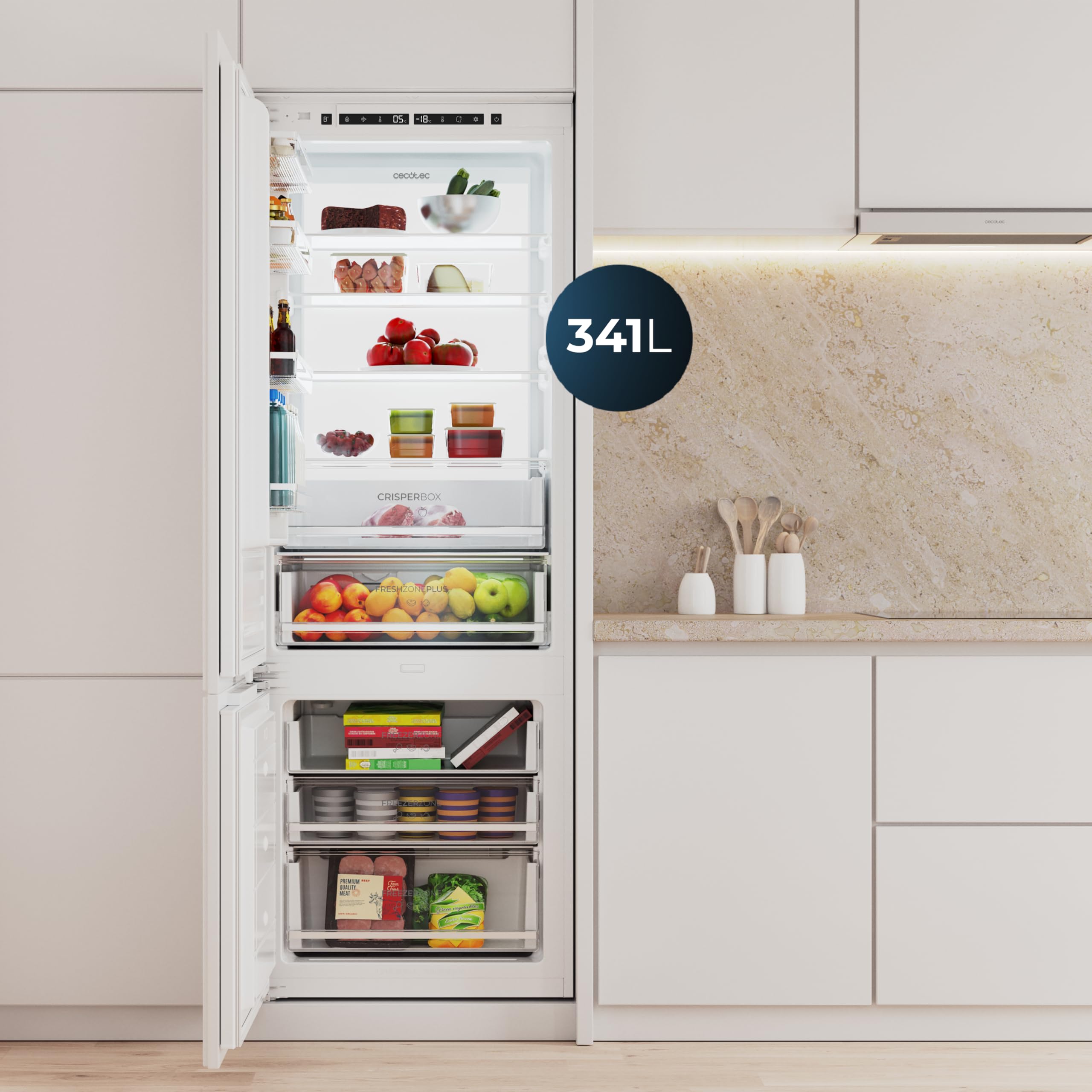 Cecotec Lodówka kombi zintegrowana 341 l Bolero CoolMarket Combi BI-D FLW 341, klasa E, Total NoFrost, Full LED Wall, Fresh Zone Plus, Kompresor Inverter Plus, Fast Cooling & Freezing, 193,7x69 cm.