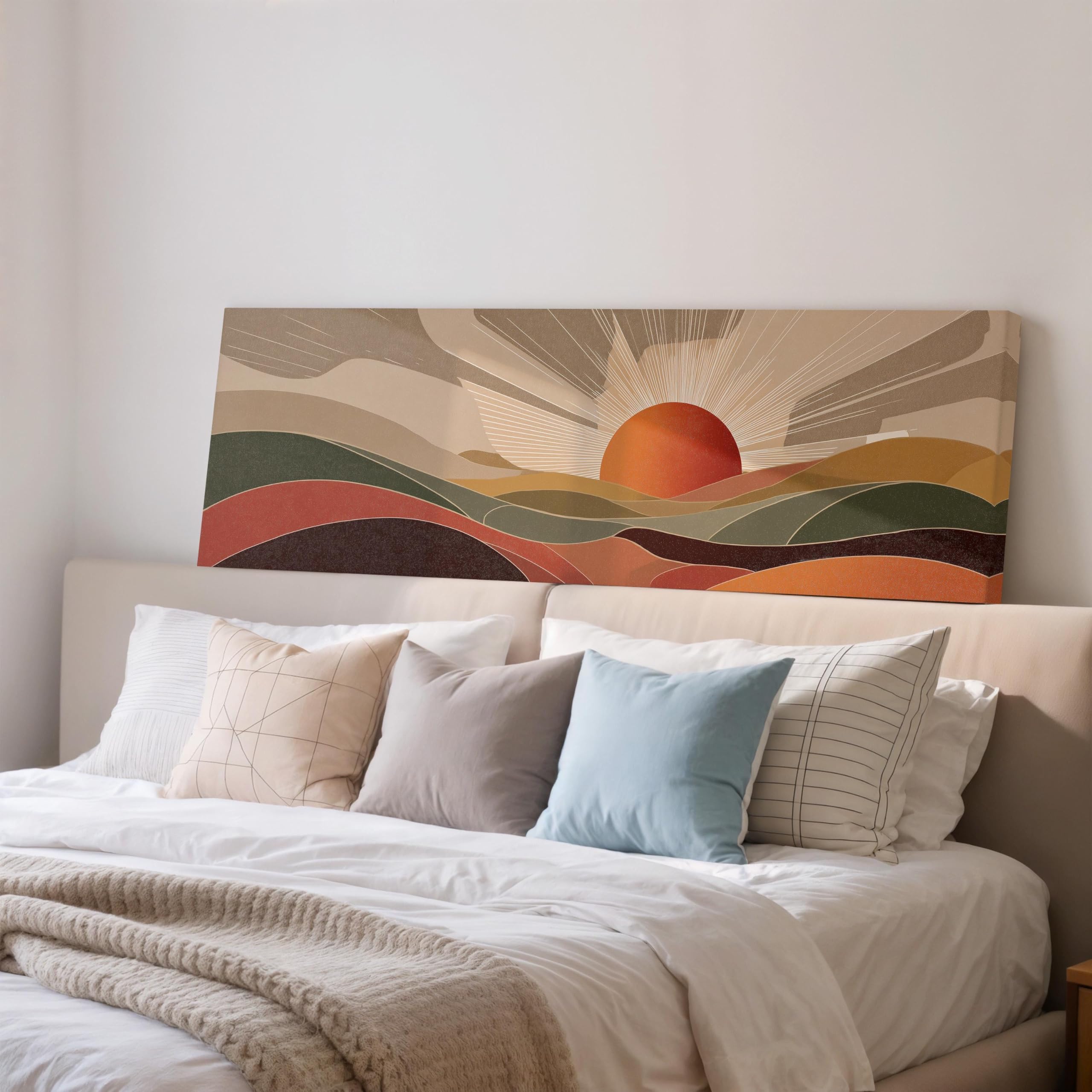 XBTYKPB Mid Century Sunset Landscape, Wide Panoramic Canvas, Long Horizontal Framed Art, Sun,Hills, Earth Tone Boho Wall Decor(70x210cm/Frameless)