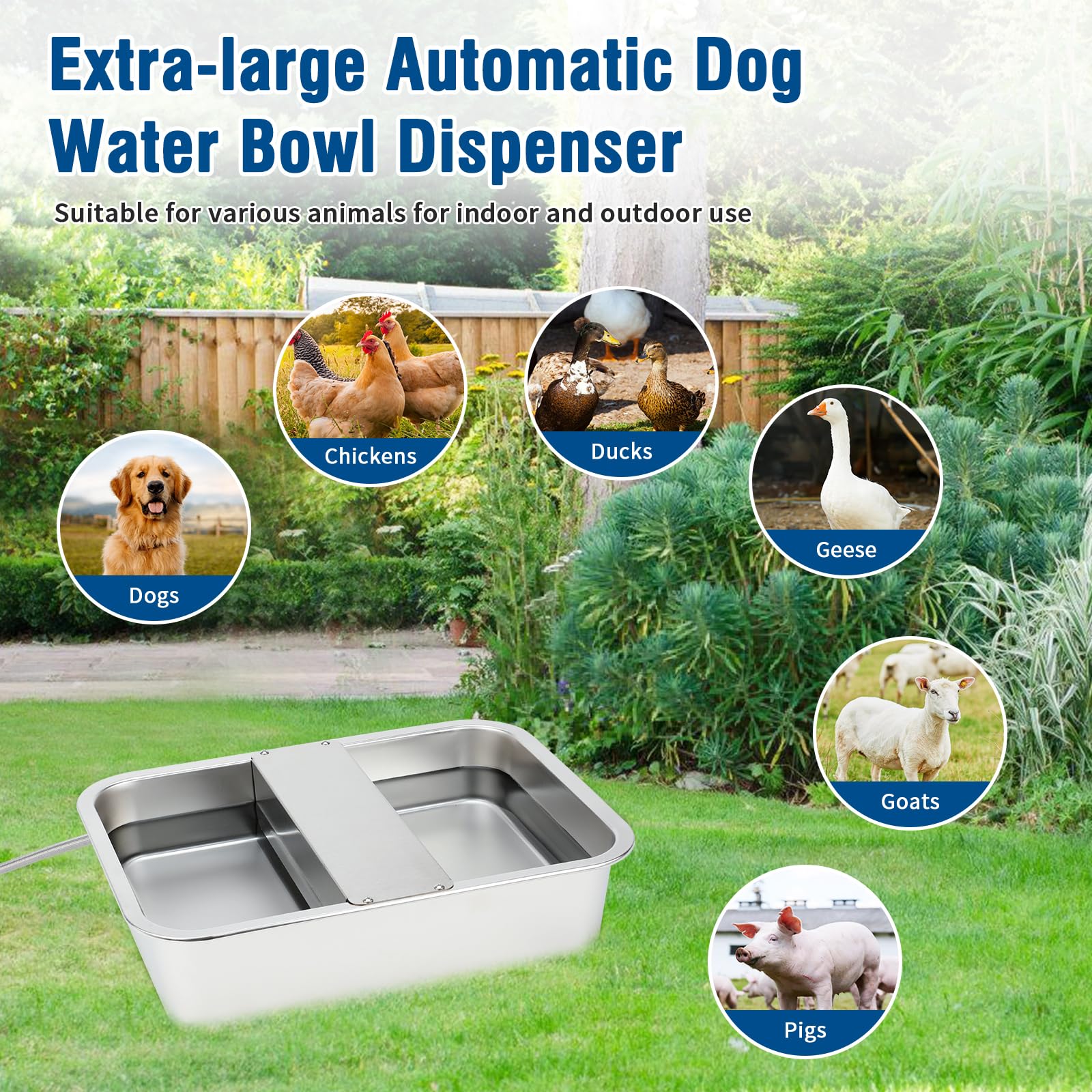 BWOGUE Dispensador automático de agua de 5 galones para perros grandes, cuenco de agua de acero inoxidable para exteriores, comedero de agua para perros de raza grande, comedero automático para perros