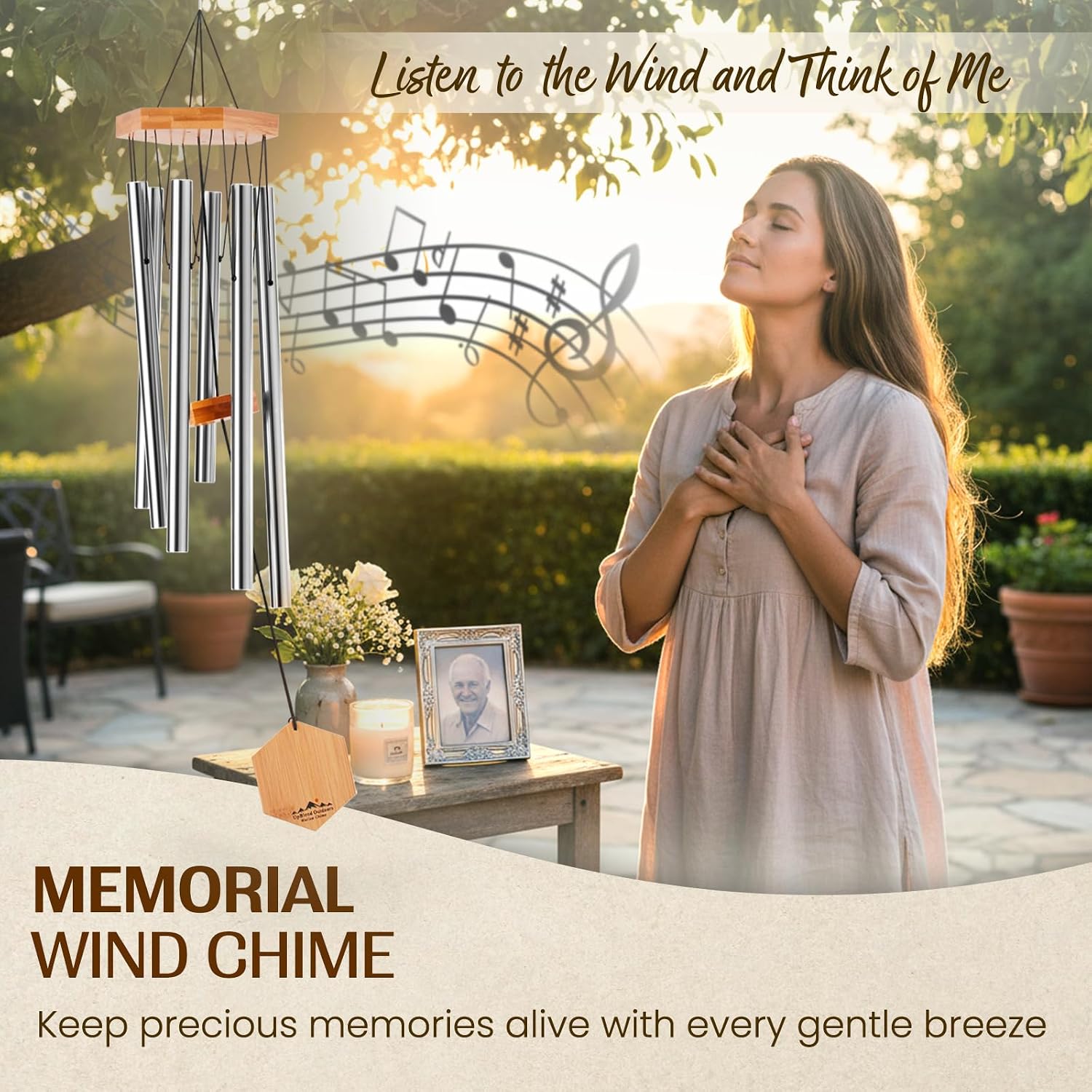 Silver Wind Chimes for Outside, 29 Inch Hand Tuned G Major Pentatonic Wind Chime, Memorial Sympathy Gift for Loss of Loved One, Deep Tone Aluminum Bamboo Garden Patio Porch Decor