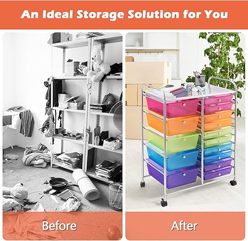 Vista 166 de LDAILY Carrito de almacenamiento con ruedas de 15 cajones, carrito rodante con cajones para aula, organizador de manualidades con ruedas con marco