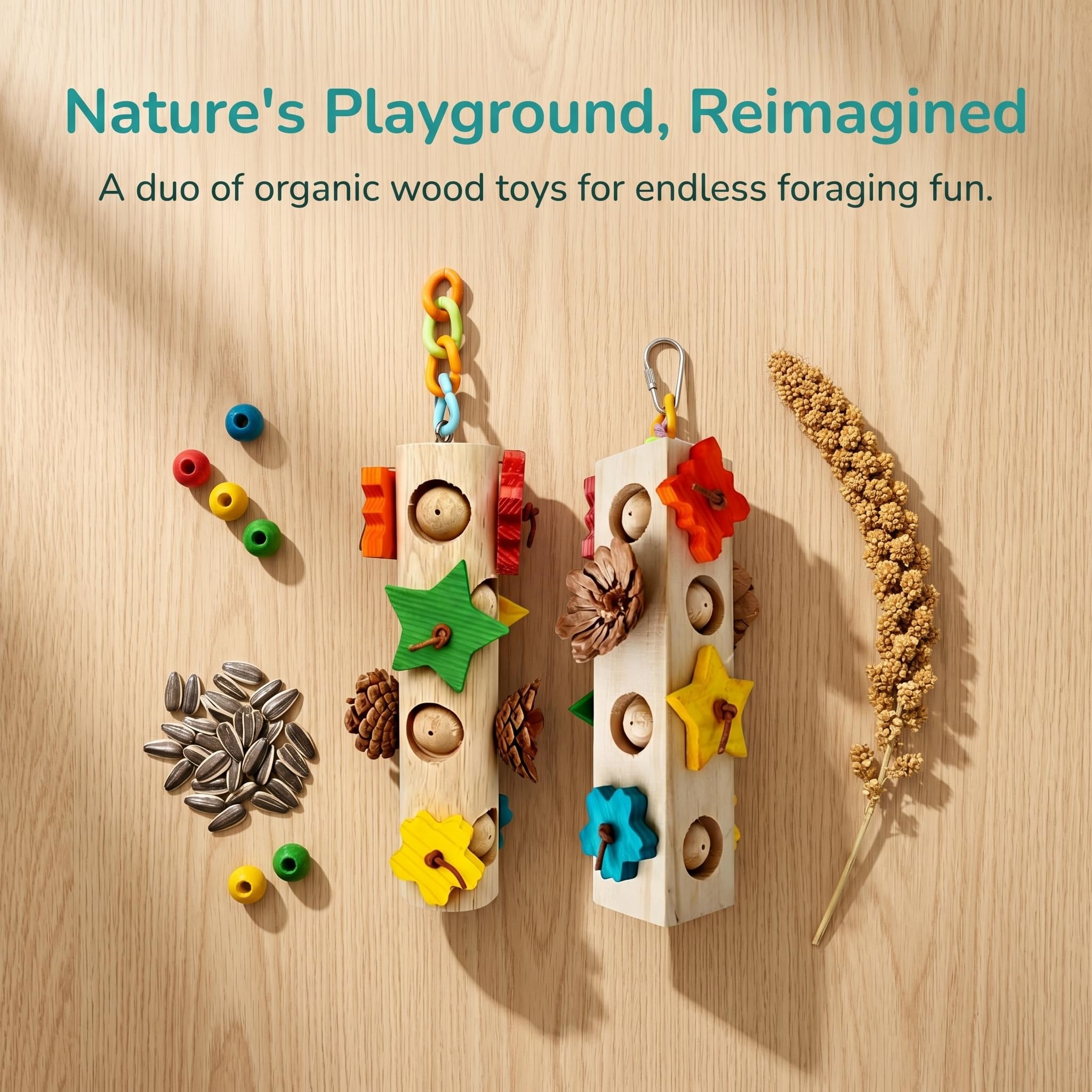 2 Pezzi Giochi per Pappagalli in Legno Naturale con Pigne e Blocchi Colorati, Gioco da Masticare e Foraggiamento per Pappagallini, Calopsitte, Conuri, Caicchi, Accessori per Gabbie
