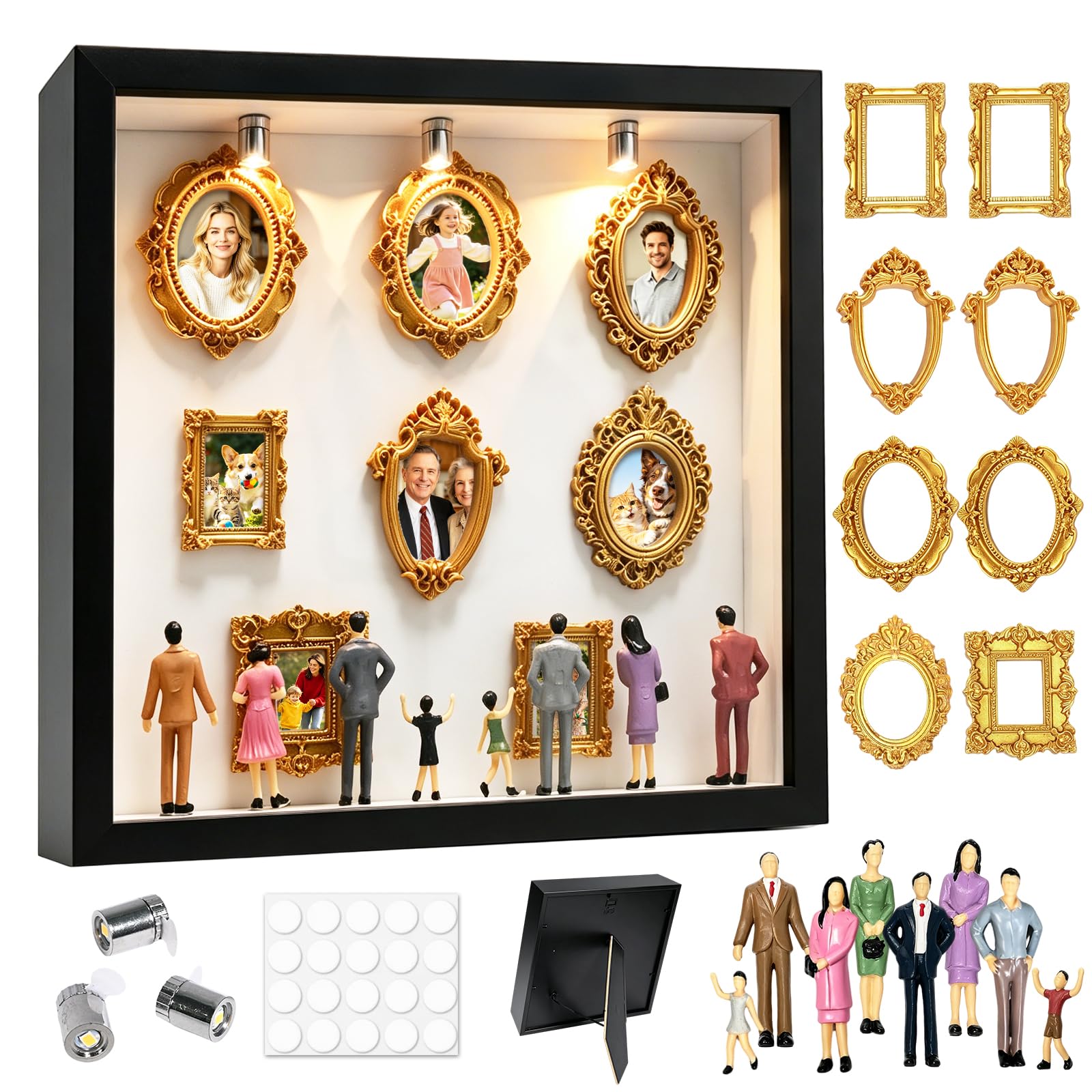 DIY Mini Museum Silhouetten Box mit LED, Mini Bilderrahmen Vintage, Shadow Box Bilderrahmen Set, Foto Erinnerungsanzeige Set mit 8 Mini-Goldrahmen 8 Figuren für Jahrestag, Hochzeit(Schwarz)