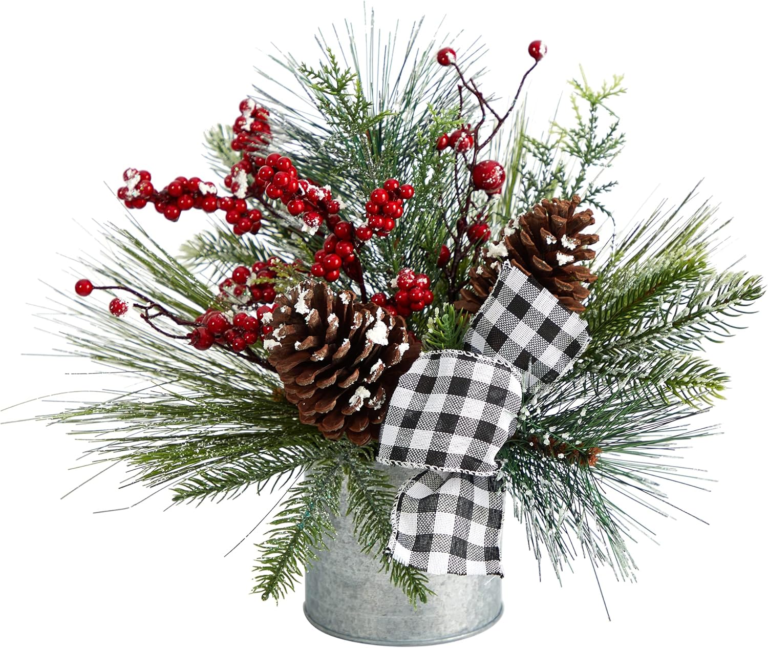 Nearly Natural 12in. Frosted Pinecones and Berries Artificial Arrangement in Vase with Decorative Plaid Bow