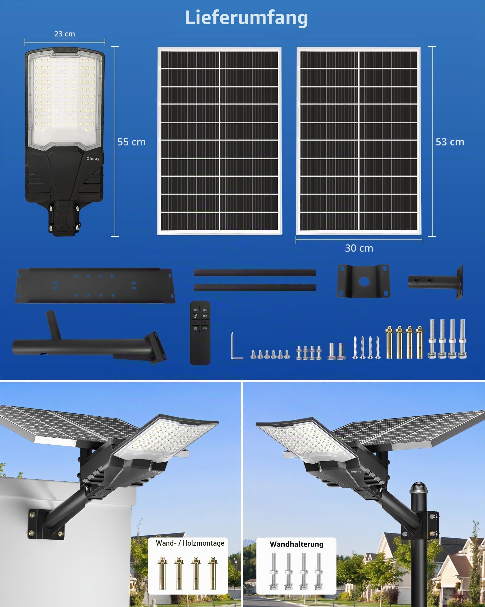 Ofuray OL-8200W Solar Straßenlaterne für Außen, Solarlampen für Außen, 6500K Led Superhelle Solar Strahler Aussen, IP67 Wasserdichte Solarleuchten Outdoor für Garten Garage Straßen
