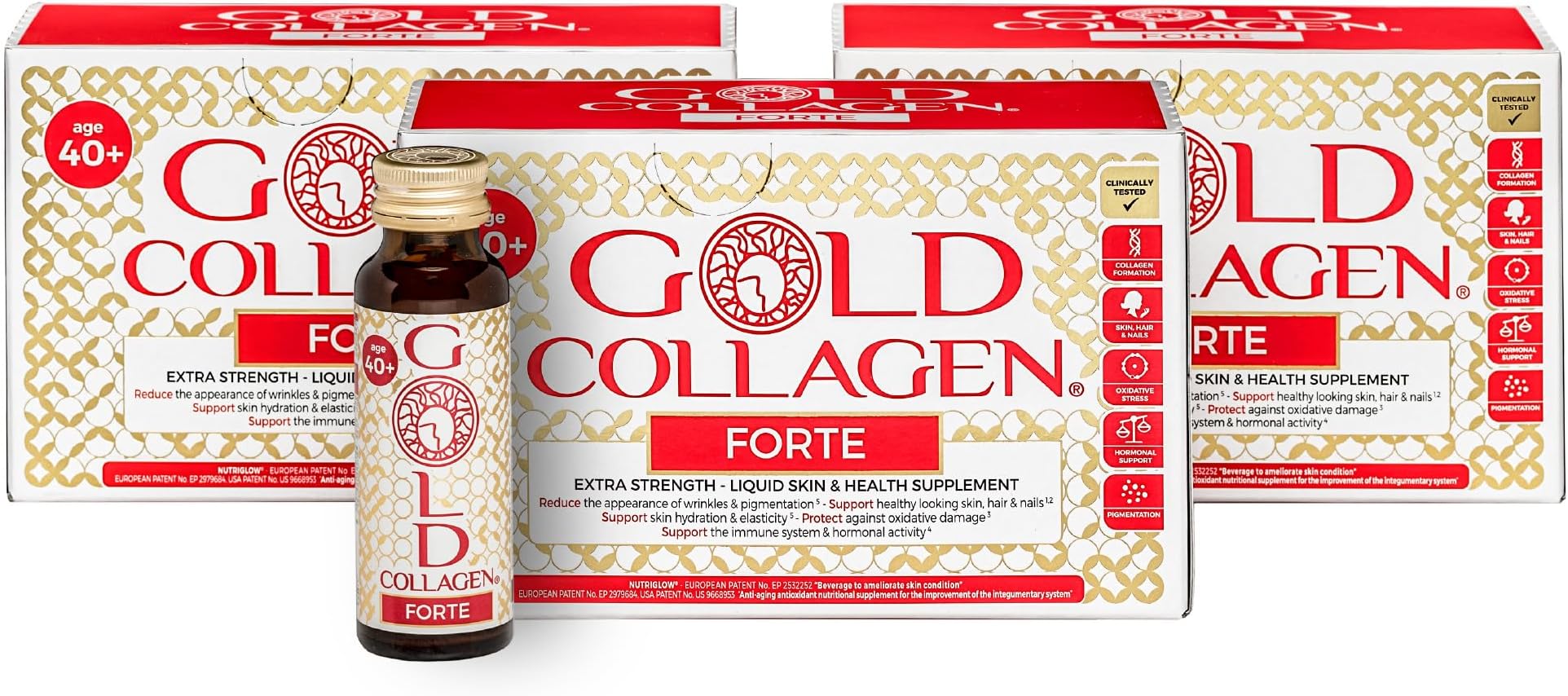 GOLD COLLAGEN Forte - Anti Wrinkle Collagen Supplements for Women & Men with Biotin, Vitamin C, Hyaluronic Acid, Marine Collagen for Hair Skin Nail - Antioxidant, Immune System Booster 3 Pack 10x50 ml