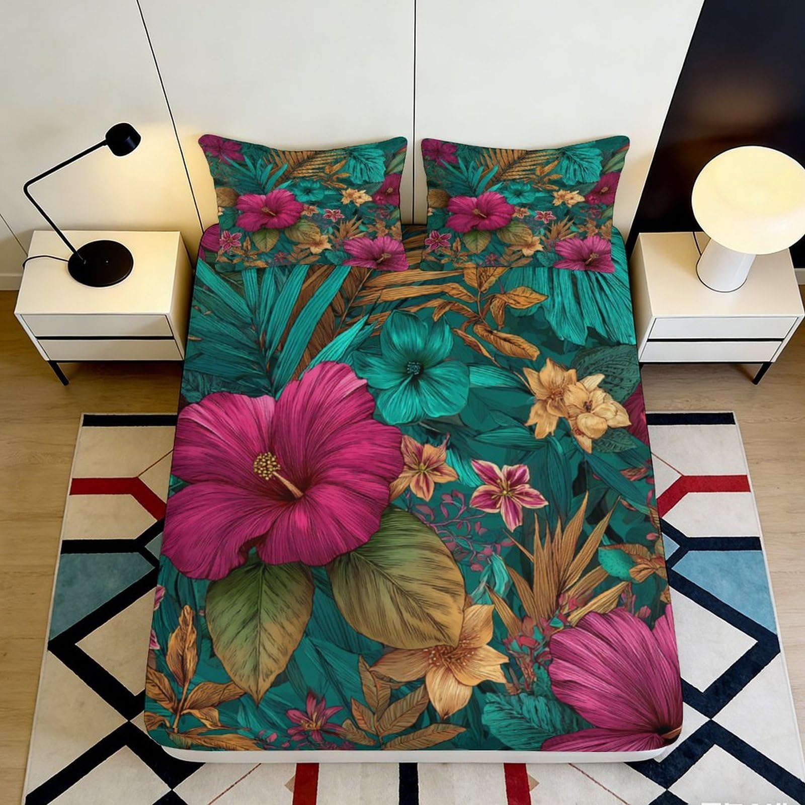 3D Printed Tropical Flower Fitted Sheet Microfiber Soft Breathable Exotic Floral Bed Cover for Bedroom Dormitory Guest Room Mattress Protection 200x200x25cm