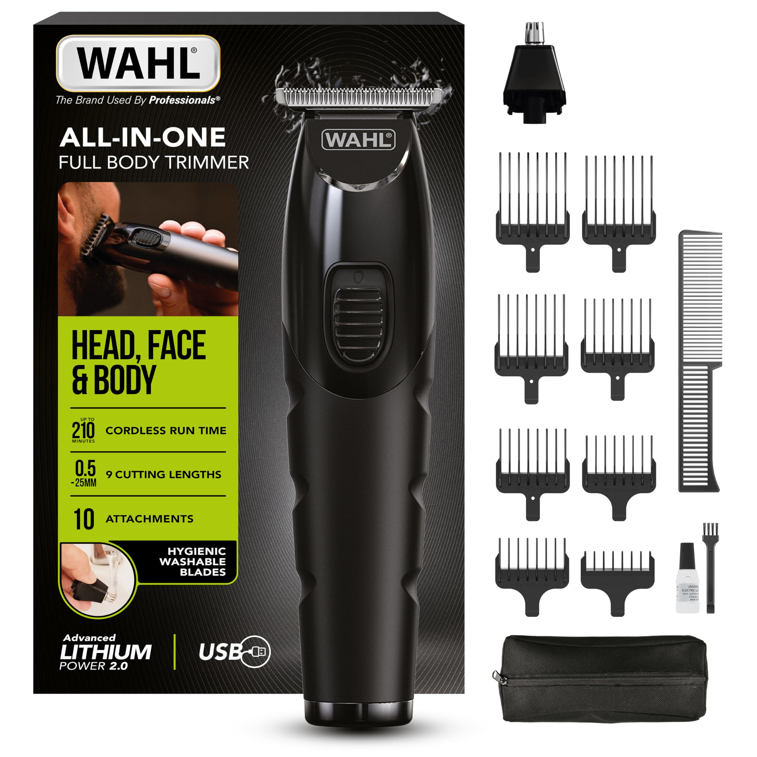 WAHL All in One Trimmer, Pielęgnacja Włosów, Brody, Uszu, Nosa i Ciała, Mocny Akumulator Litowy, Wodoodporne Końcowki i Szerokie Ostrze T, Długość strzyżenia: 0,5-25 mm, 210 minut czasu pracy