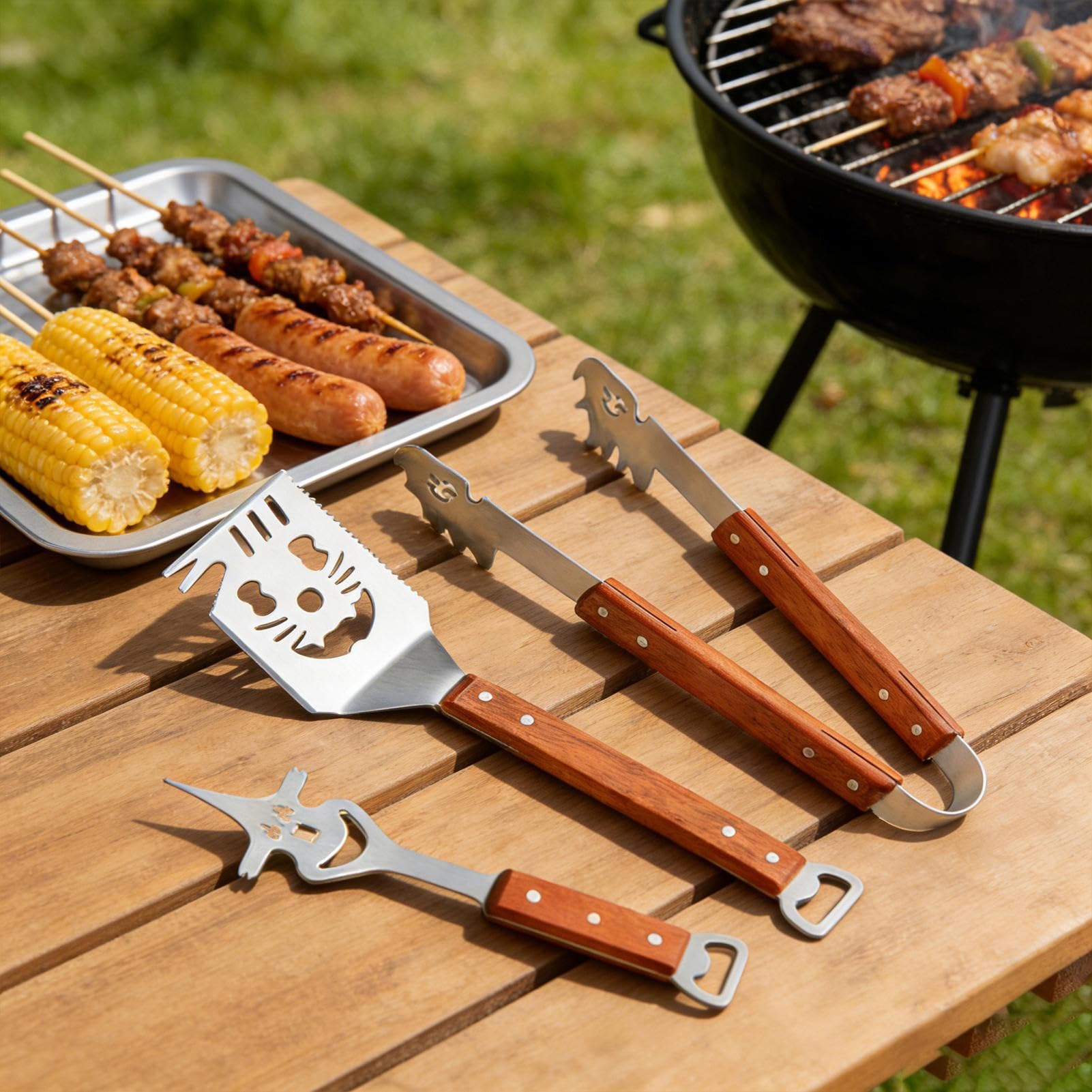 Set di Utensili per Barbecue e Griglia 3 Pezzi Multifunzionale Compatto