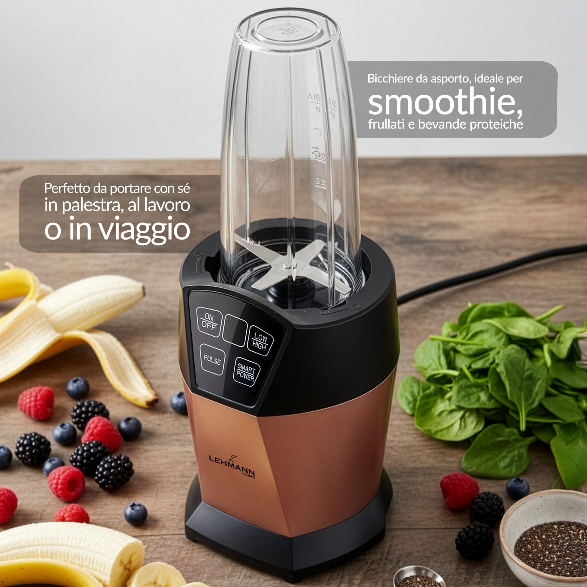 LEHMANN Frullatore Elettrico & Smoothie Maker 2-in-1, Caraffa 1500 ml e Bicchiere Portatile 800 ml, 4 Programmi, 6 Lame in Acciaio Inox, Parti Lavabili in Lavastoviglie, Potenza 1000 W, Oro Rosa