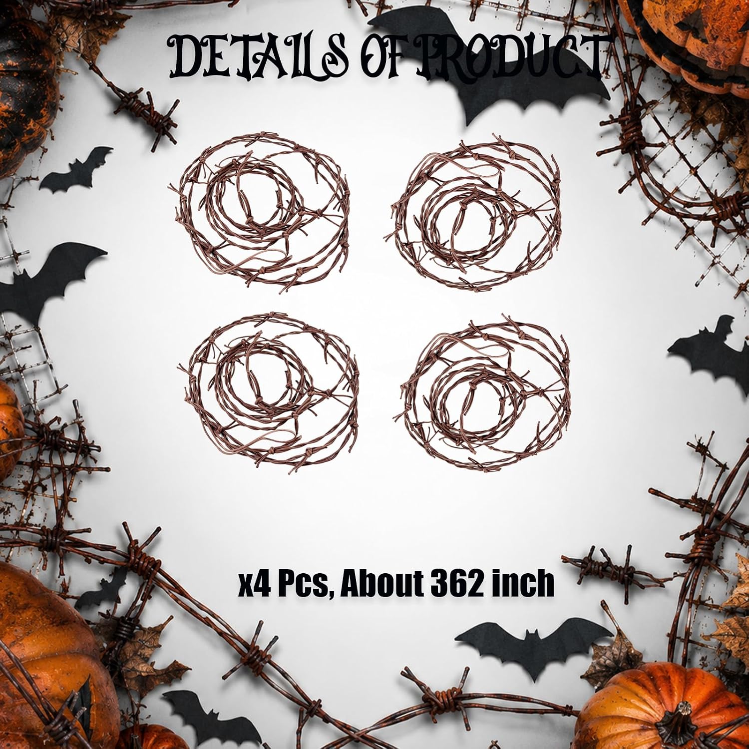 4 Pcs 362 Inch Fake Rusted Barbed Wire Garland Halloween Decorations, Rusty Barb Wire for Pumpkins Tombstones Skeleton Fence Haunted House Yard Decor, Western Cowboy Horror Party Supplies image 3