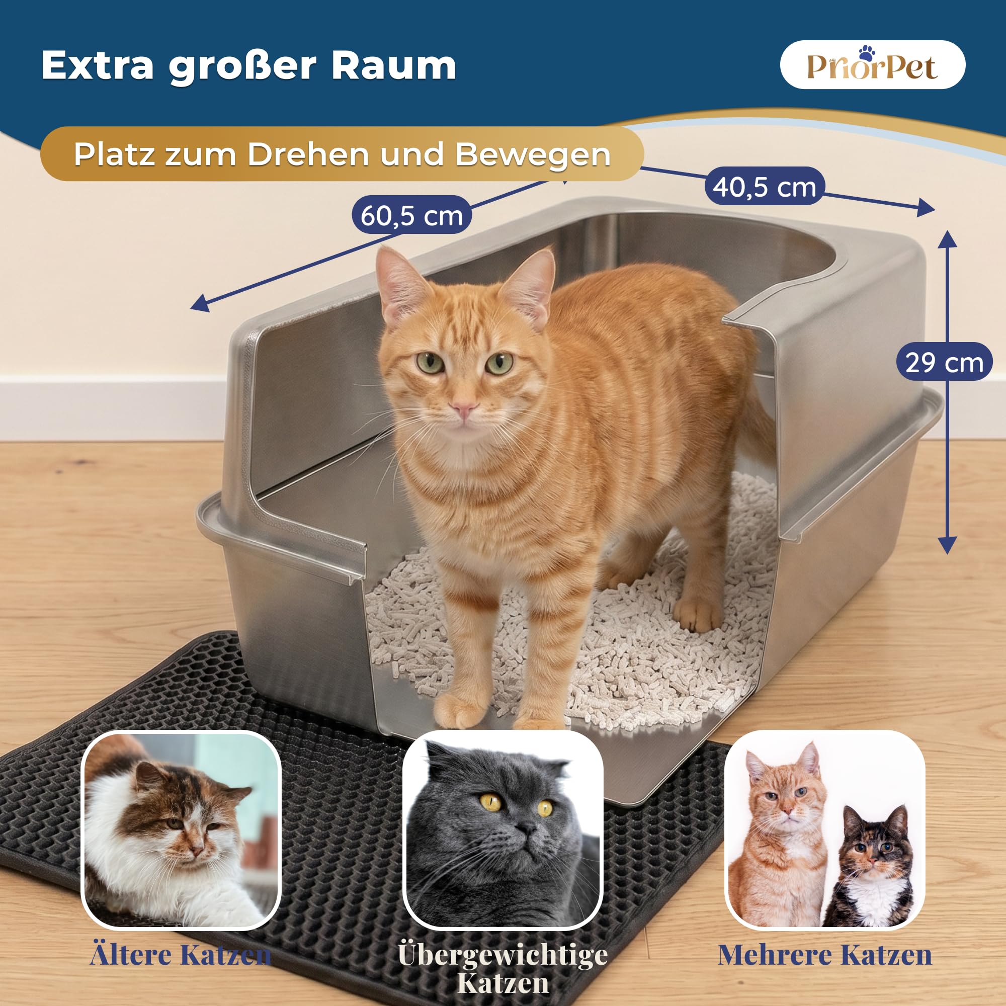 Katzenklo Edelstahl XXL – Leicht zu reinigen, geruchsresistent – Katzentoilette mit hohem Rand, 38L – Auslaufsicher, antihaftbeschichtet – Mit Schaufel & Matte