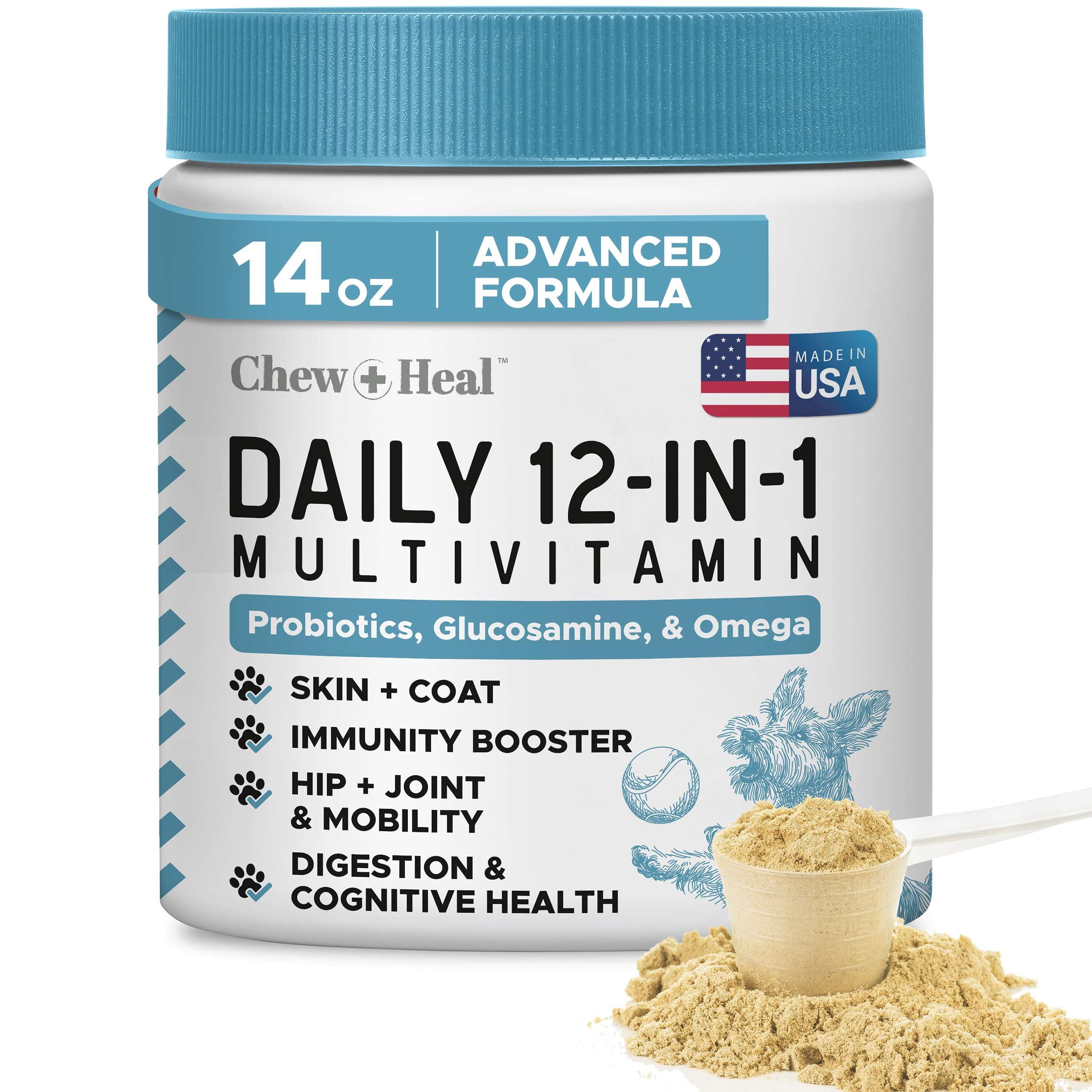 12-in-1 Multivitamin Powder for Dogs - 14 oz of Puppy and Senior Dog Vitamins and Supplements - Advanced Formula with Glucosamine, Omega 3,6,9, Vitamins, Probiotics, and More - Made in The USA